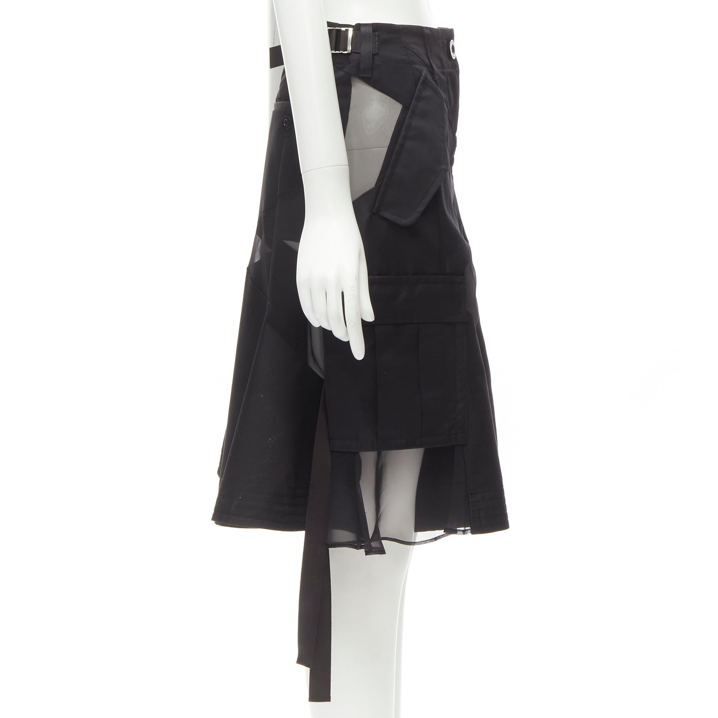 Women's SACAI Chitose Abe black deconstructed sheer panel wide skirt flared shorts S