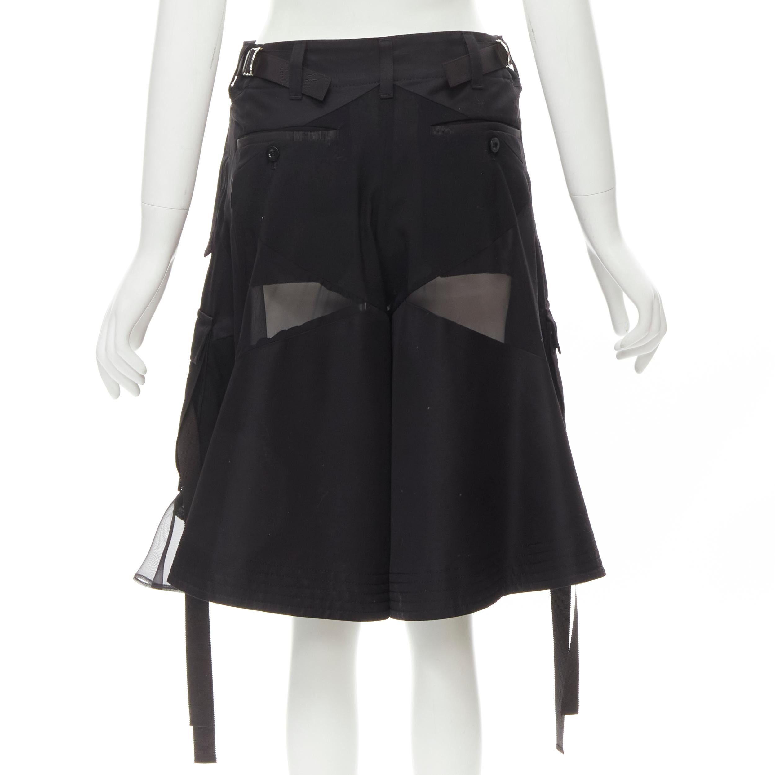 SACAI Chitose Abe black deconstructed sheer panel wide skirt flared shorts S 1