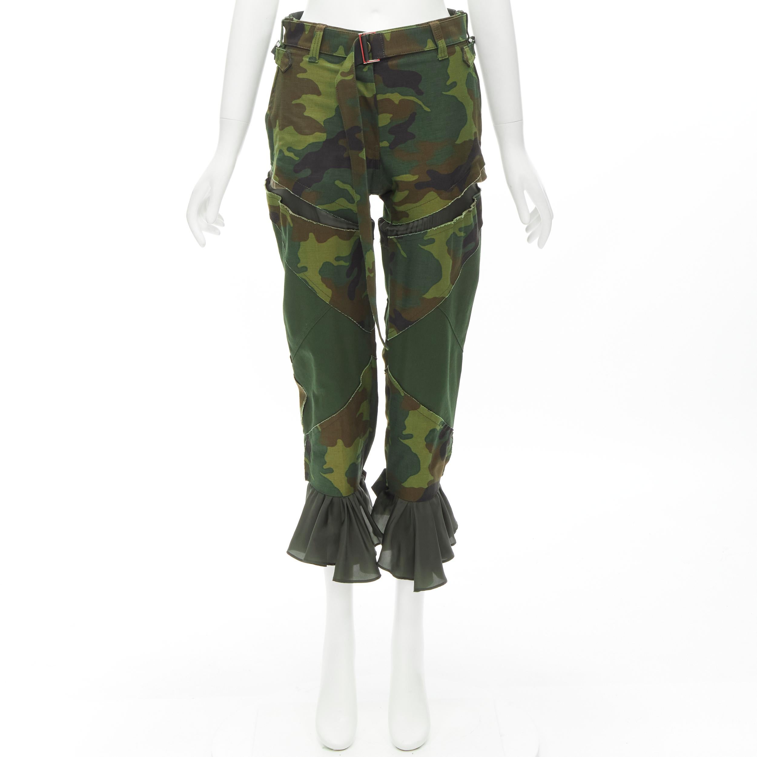 SACAI Chitose Abe green camouflage deconstructed patchwork flared hem pants S For Sale 4