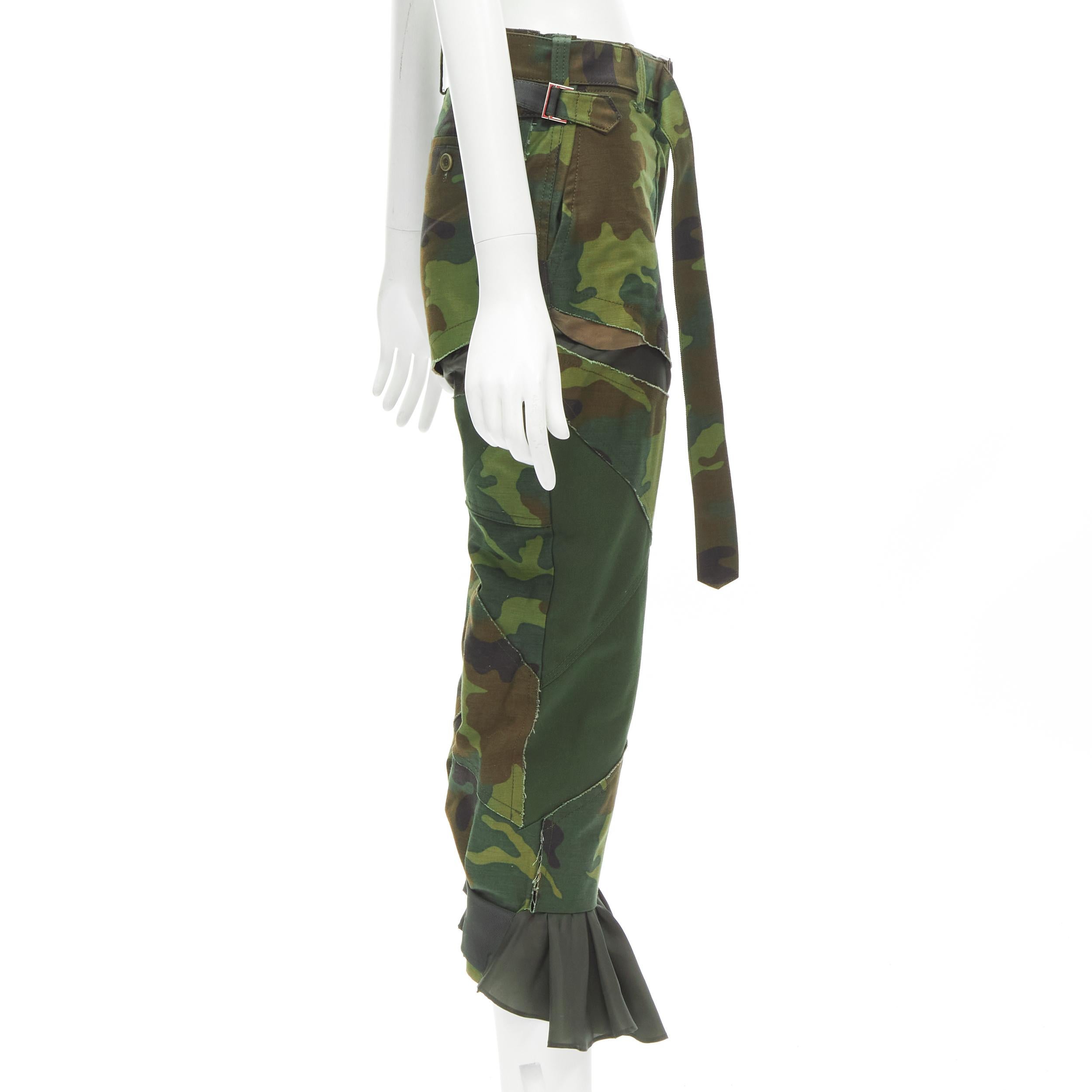 Black SACAI Chitose Abe green camouflage deconstructed patchwork flared hem pants S For Sale