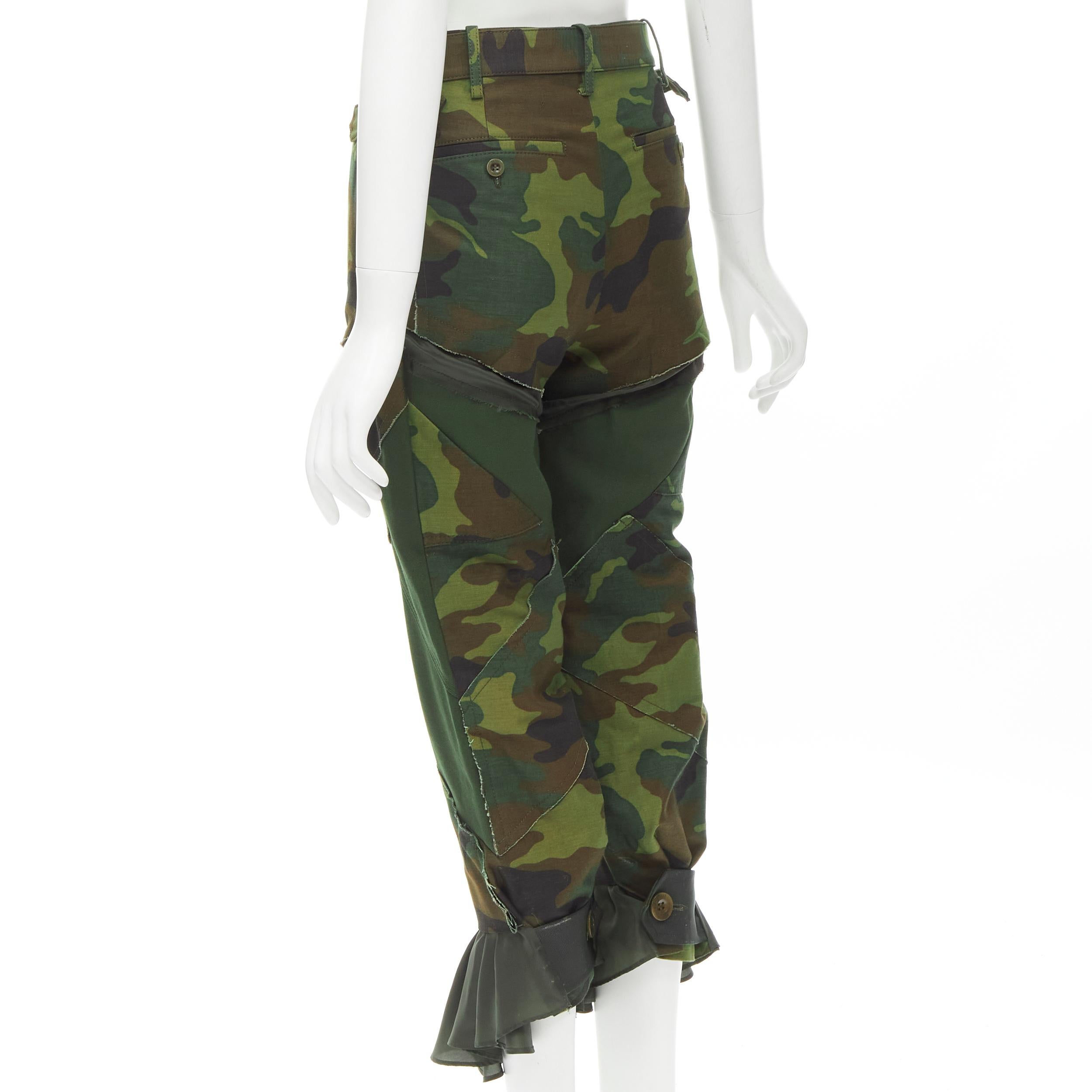 Women's SACAI Chitose Abe green camouflage deconstructed patchwork flared hem pants S For Sale