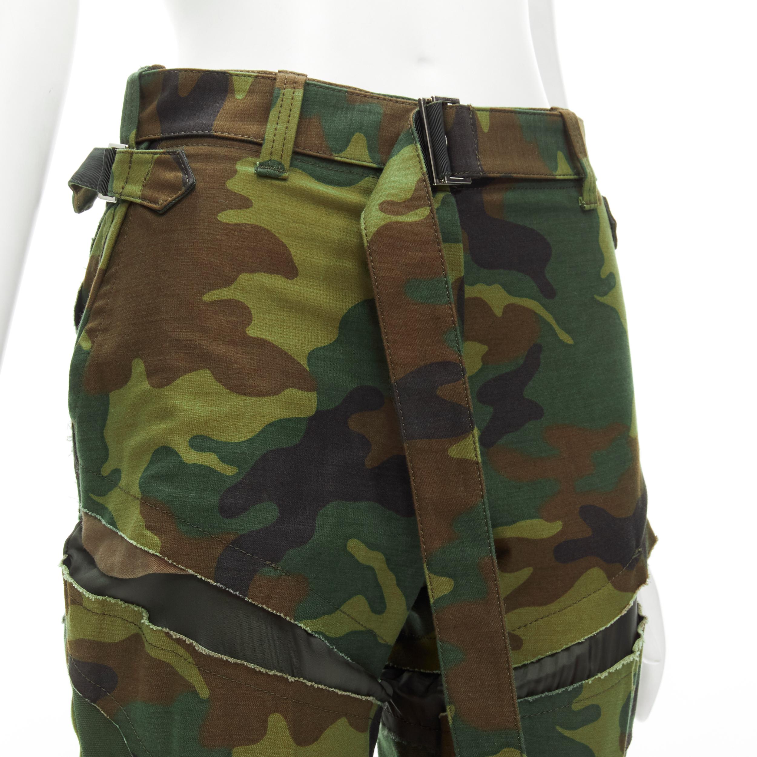 SACAI Chitose Abe green camouflage deconstructed patchwork flared hem pants S For Sale 1