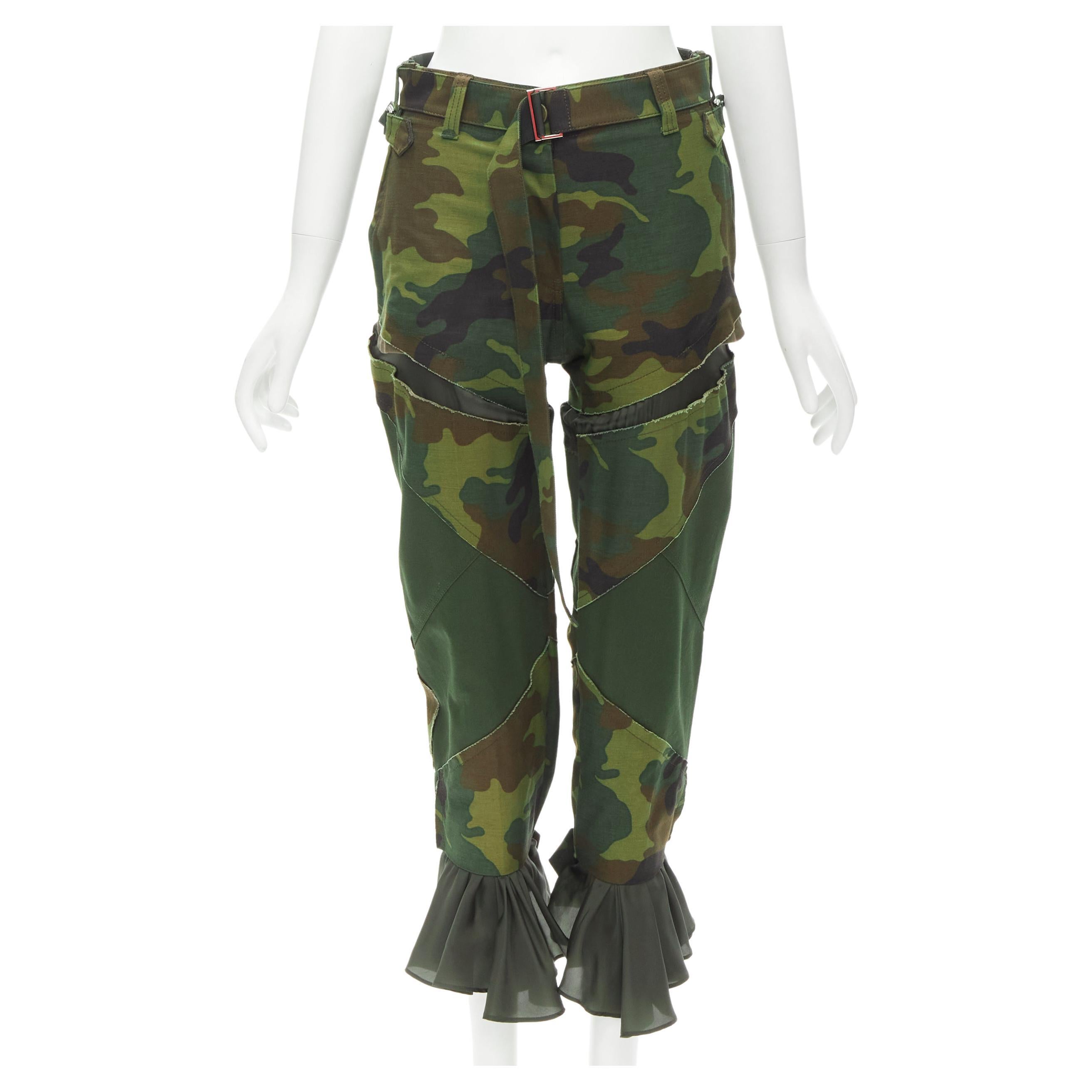 SACAI Chitose Abe green camouflage deconstructed patchwork flared hem pants S For Sale