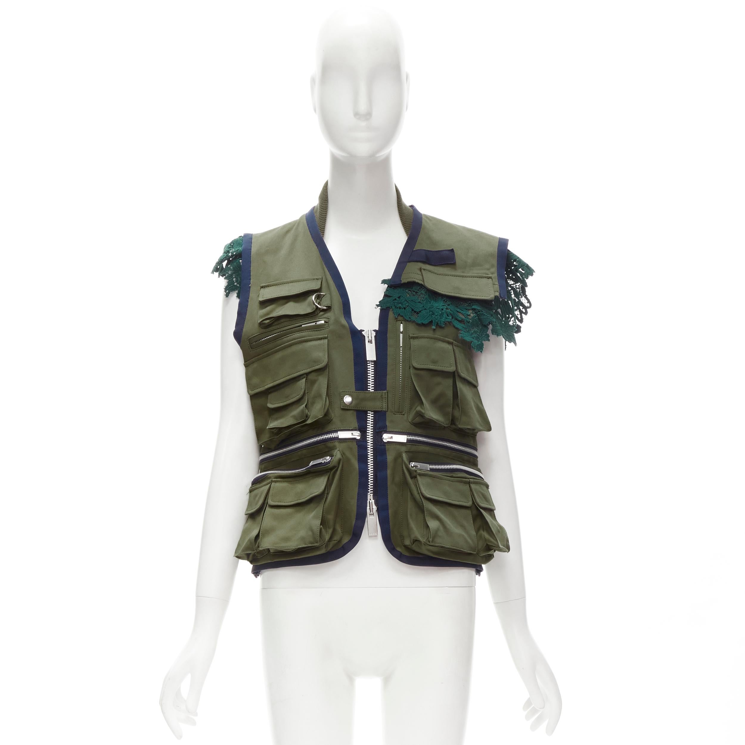 SACAI Chitose Abe green fisherman pocket ruffle lace trim vest jacket S 5