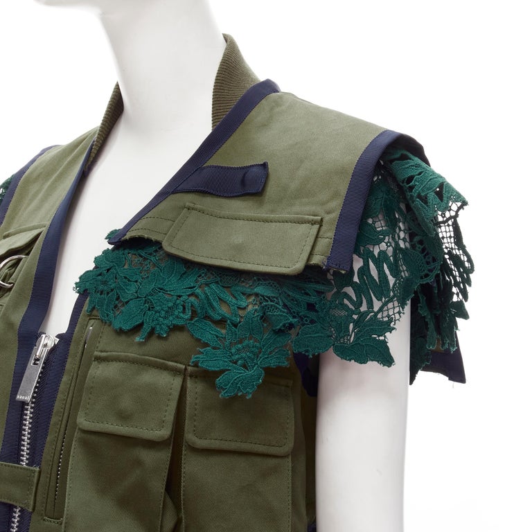 SACAI Chitose Abe green fisherman pocket ruffle lace trim vest jacket S ...