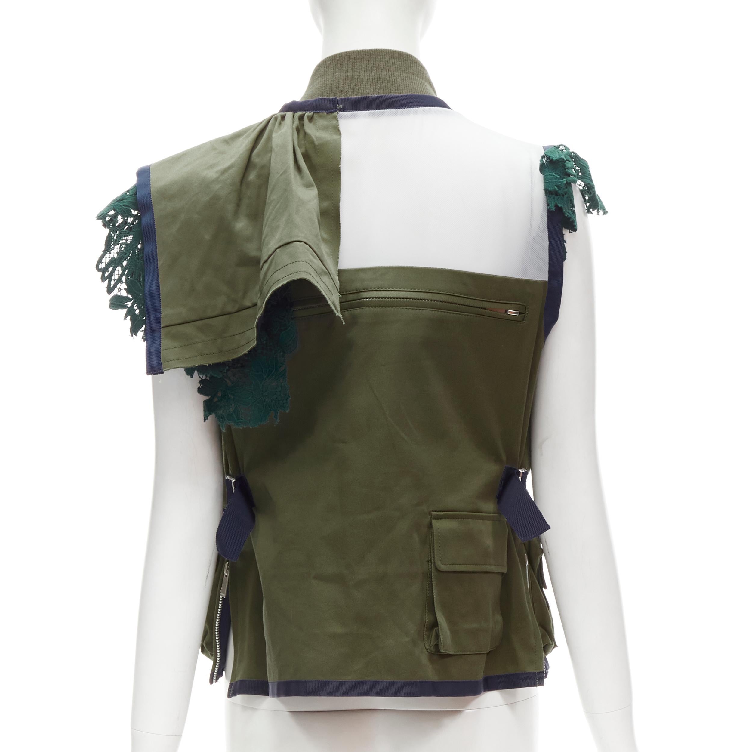 SACAI Chitose Abe green fisherman pocket ruffle lace trim vest jacket S In Excellent Condition In Hong Kong, NT