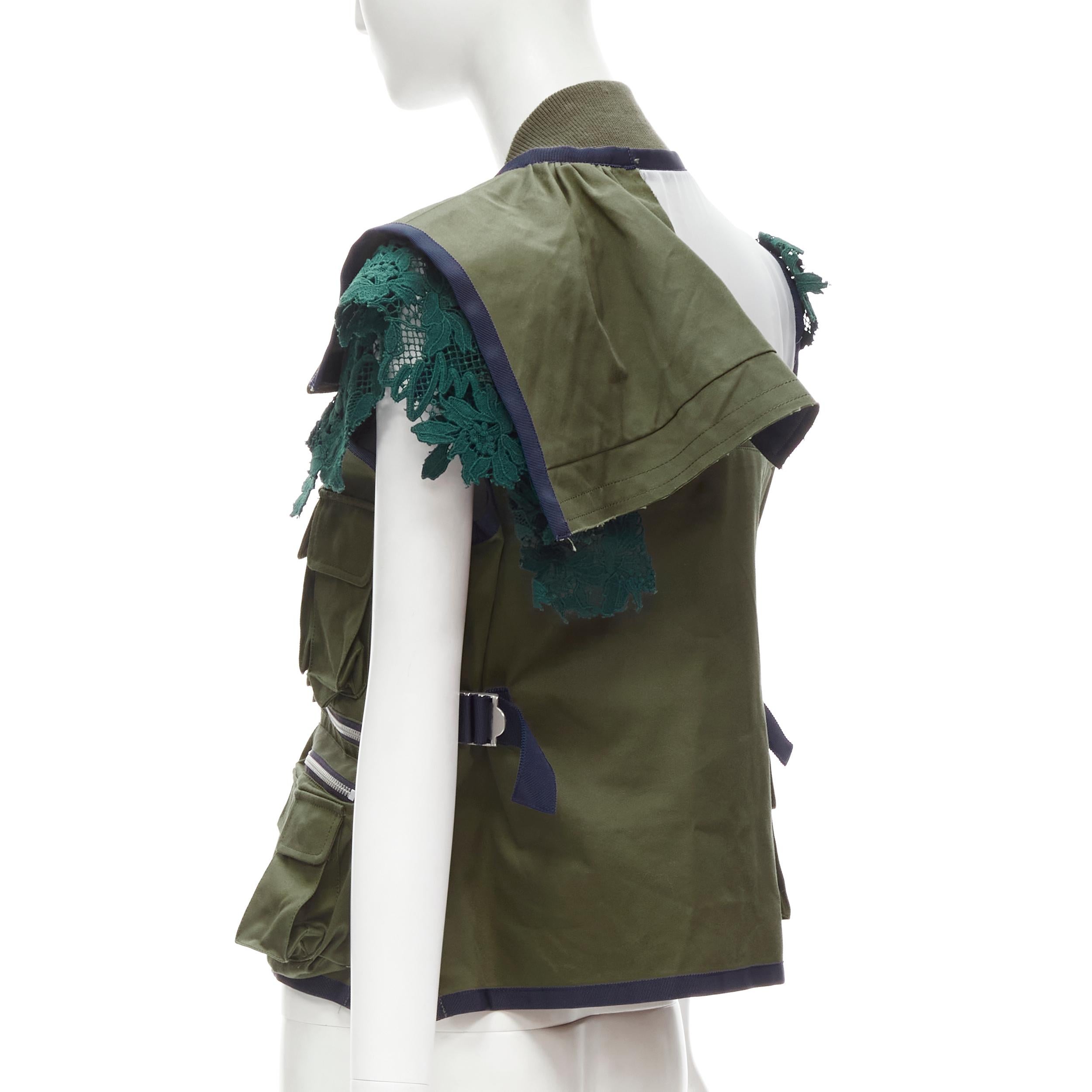 Women's SACAI Chitose Abe green fisherman pocket ruffle lace trim vest jacket S