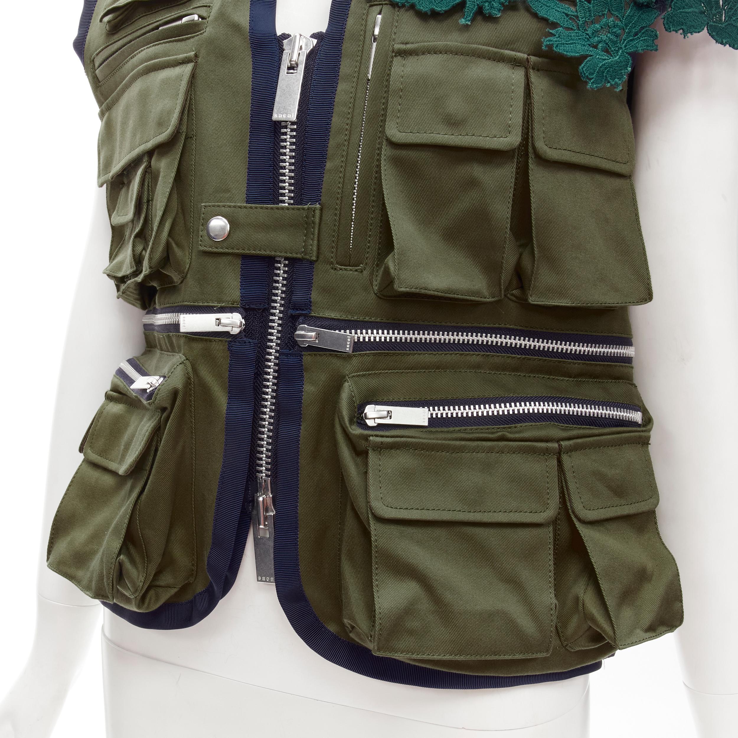 SACAI Chitose Abe green fisherman pocket ruffle lace trim vest jacket S 1