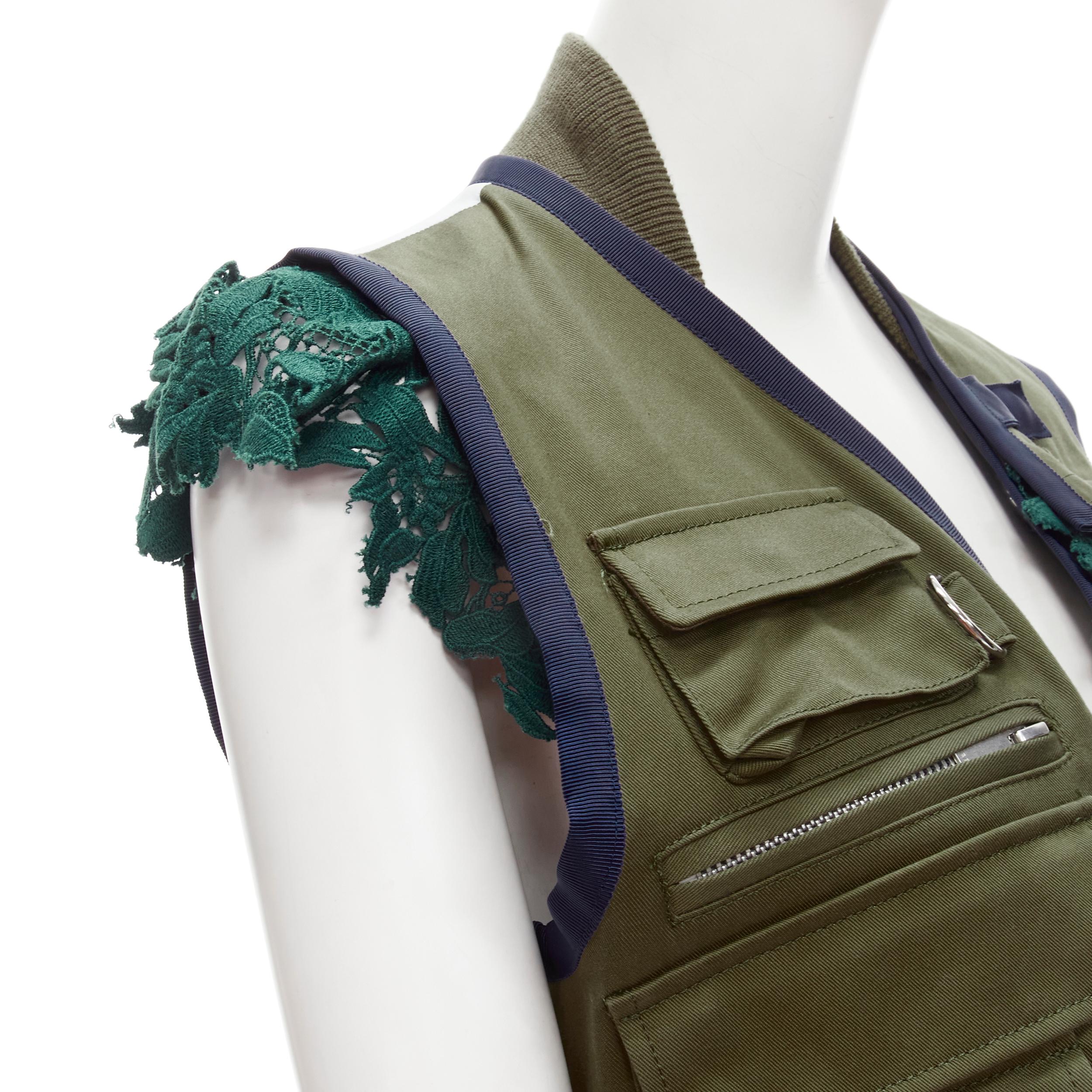 SACAI Chitose Abe green fisherman pocket ruffle lace trim vest jacket S 2