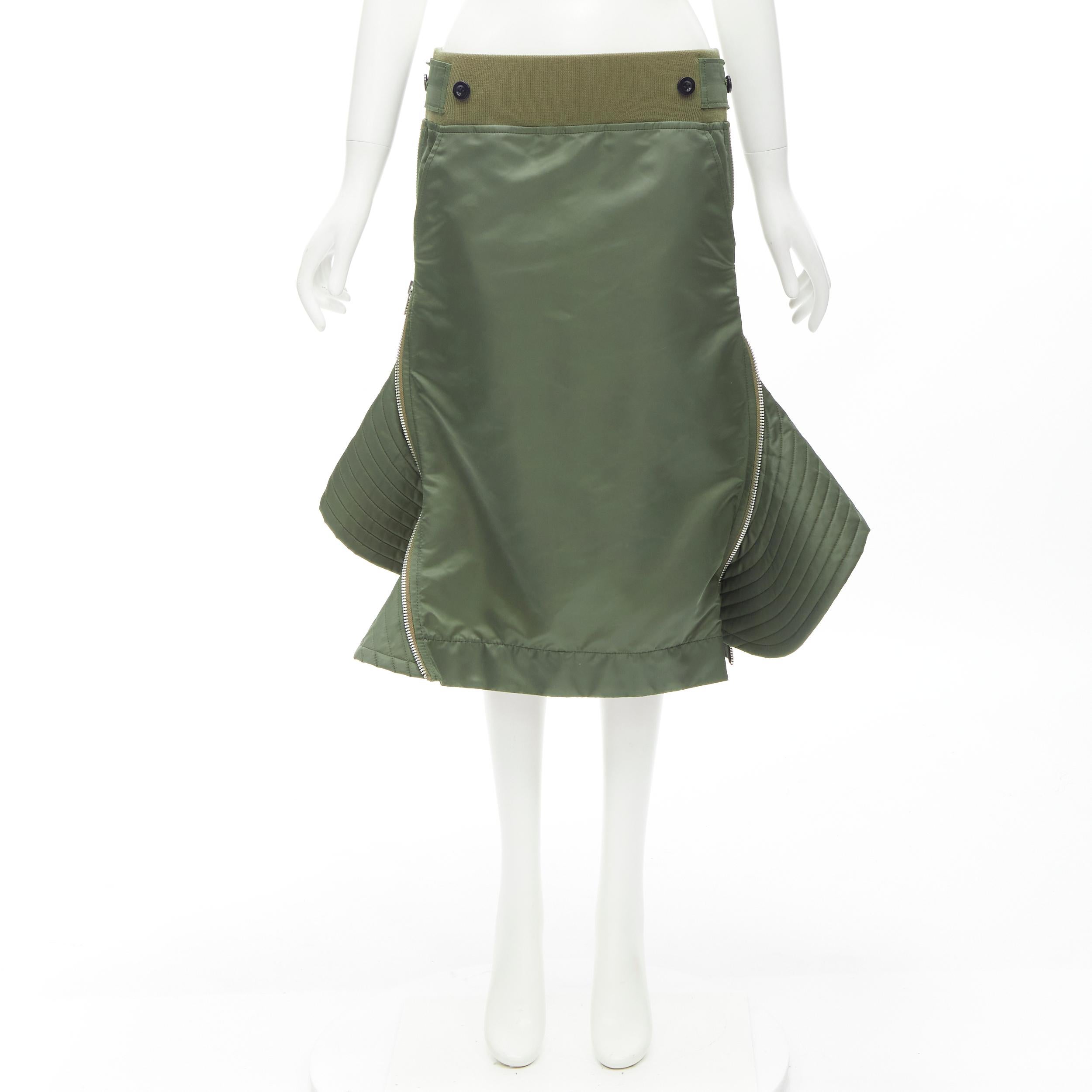 SACAI Chitose Abe green nylon deconstructed MA1 bomber flared skirt S For Sale 6