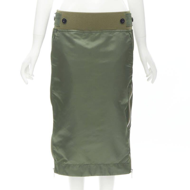Gray SACAI Chitose Abe green nylon deconstructed MA1 bomber flared skirt S