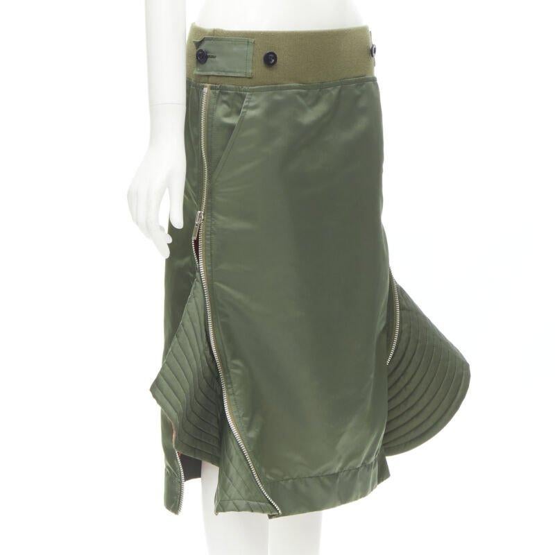 SACAI Chitose Abe green nylon deconstructed MA1 bomber flared skirt S In Excellent Condition In Hong Kong, NT