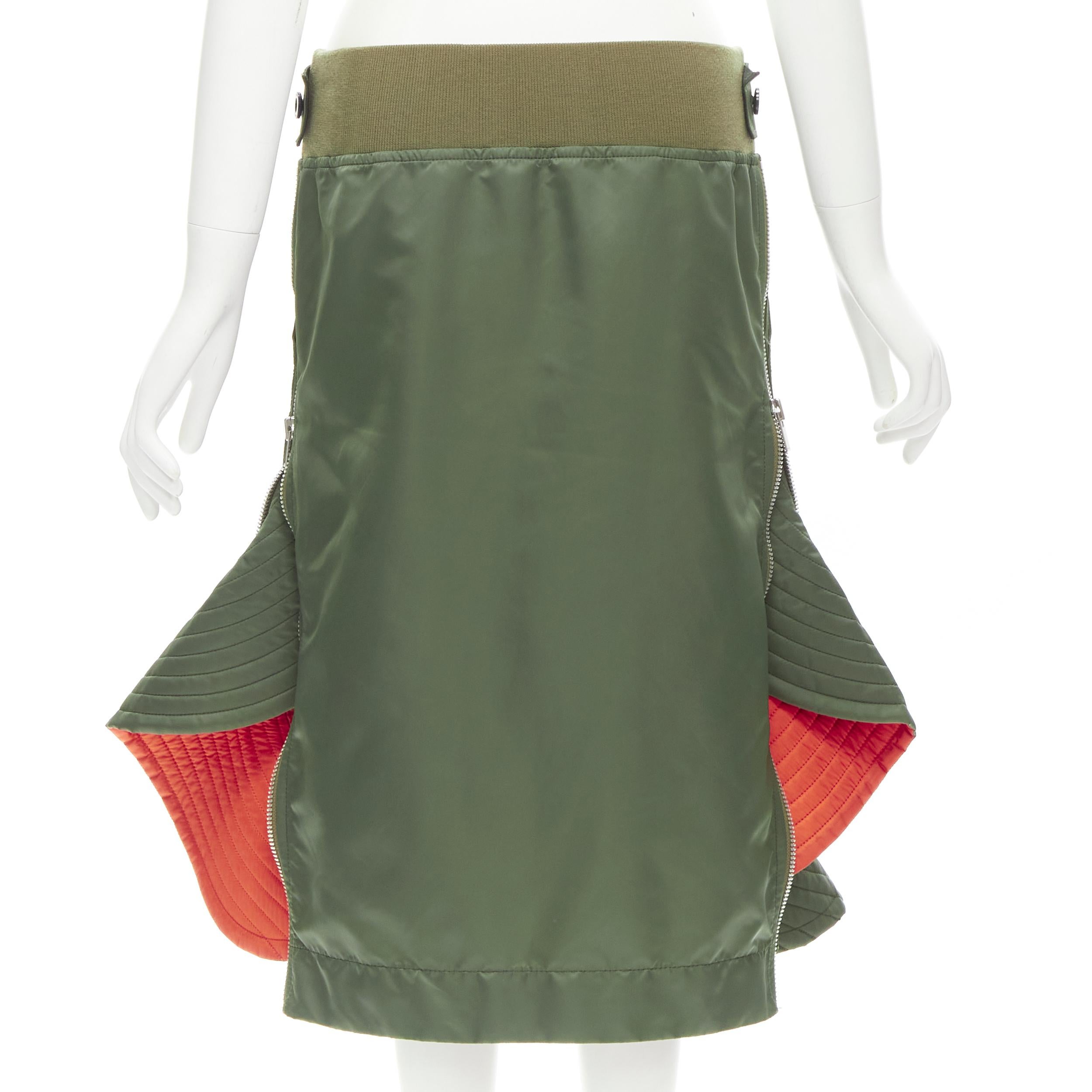 SACAI Chitose Abe green nylon deconstructed MA1 bomber flared skirt S For Sale 2