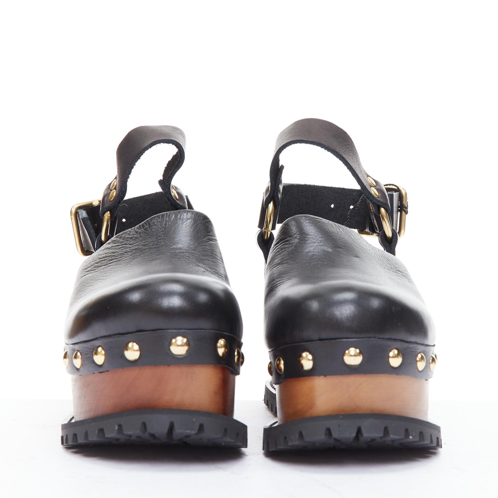 Gray SACAI Clog black leather gold studs wooden platform shoes EU37 For Sale