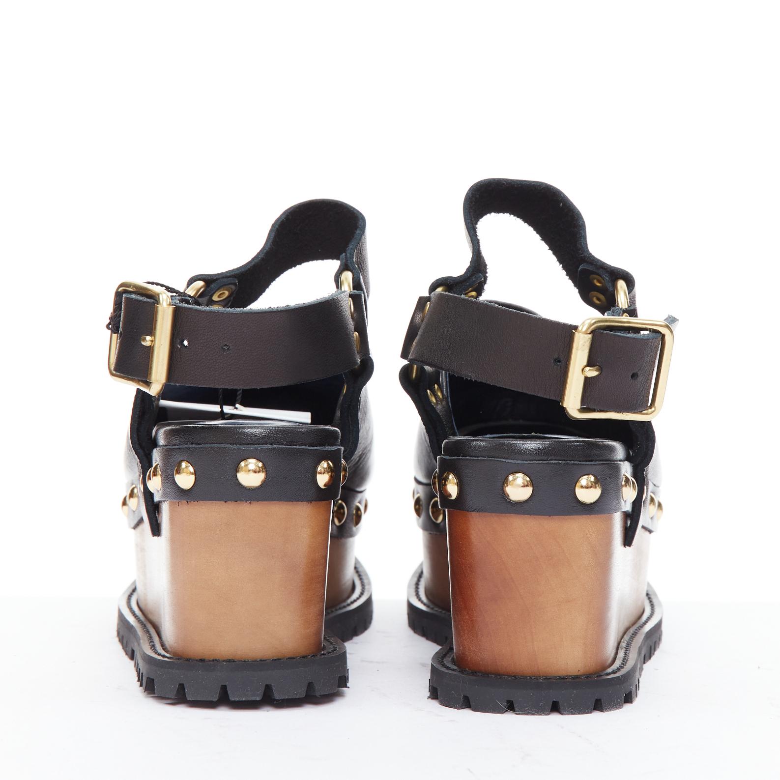 Women's SACAI Clog black leather gold studs wooden platform shoes EU37 For Sale