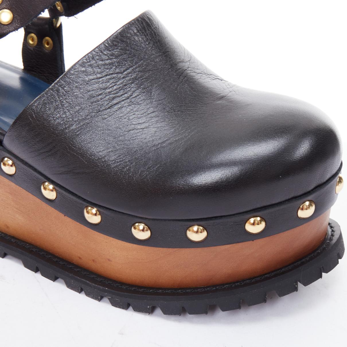 SACAI Clog black leather gold studs wooden platform shoes EU37 For Sale 2