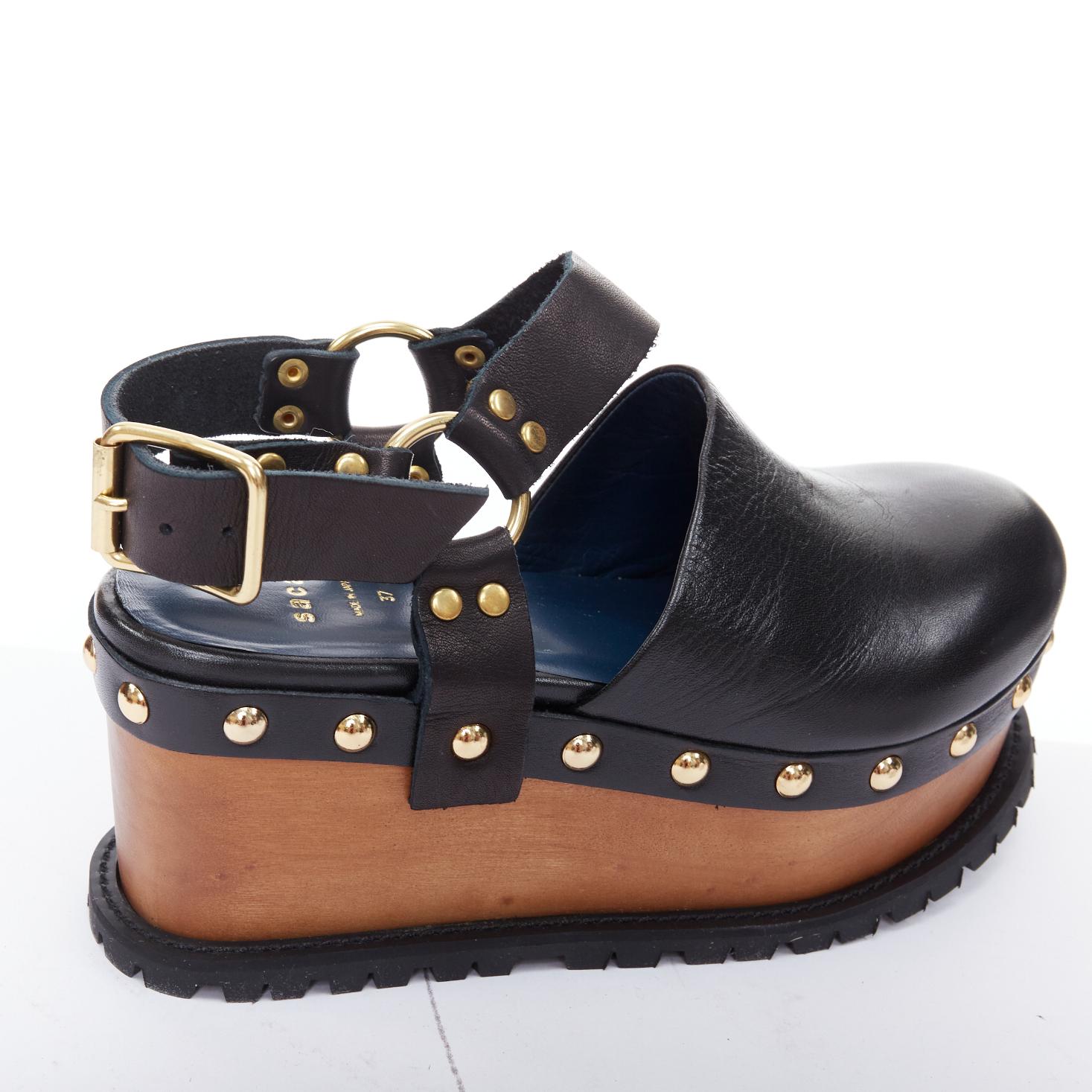 SACAI Clog black leather gold studs wooden platform shoes EU37 For Sale 3