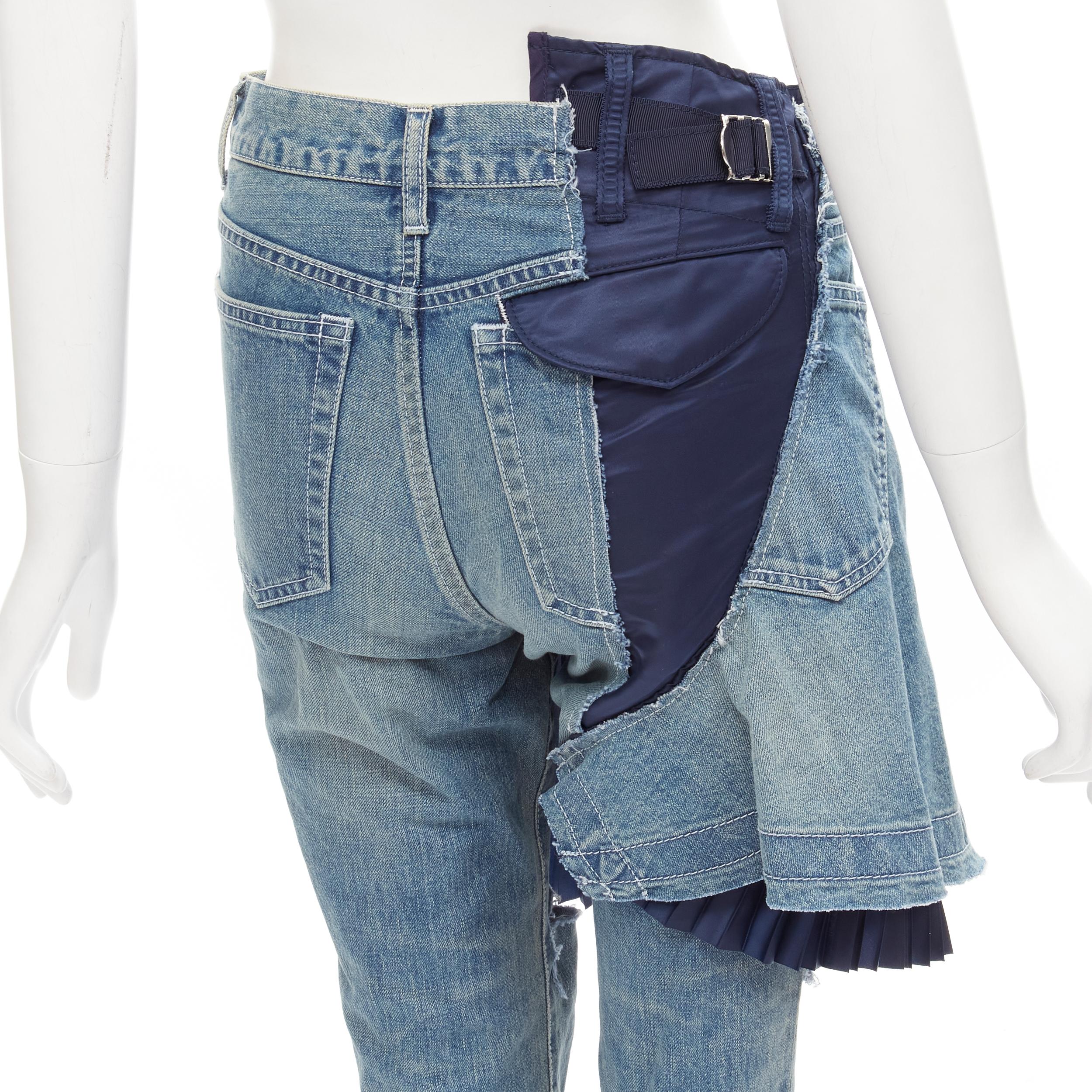 SACAI deconstructed denim pleated wrap skirt layered ripped jeans XS
Reference: ANWU/A00815
Brand: Sacai
Designer: Chitose Abe
Material: Denim
Color: Blue, Navy
Pattern: Solid
Closure: Zip
Extra Details: Distressed knee straight cropped jeans with