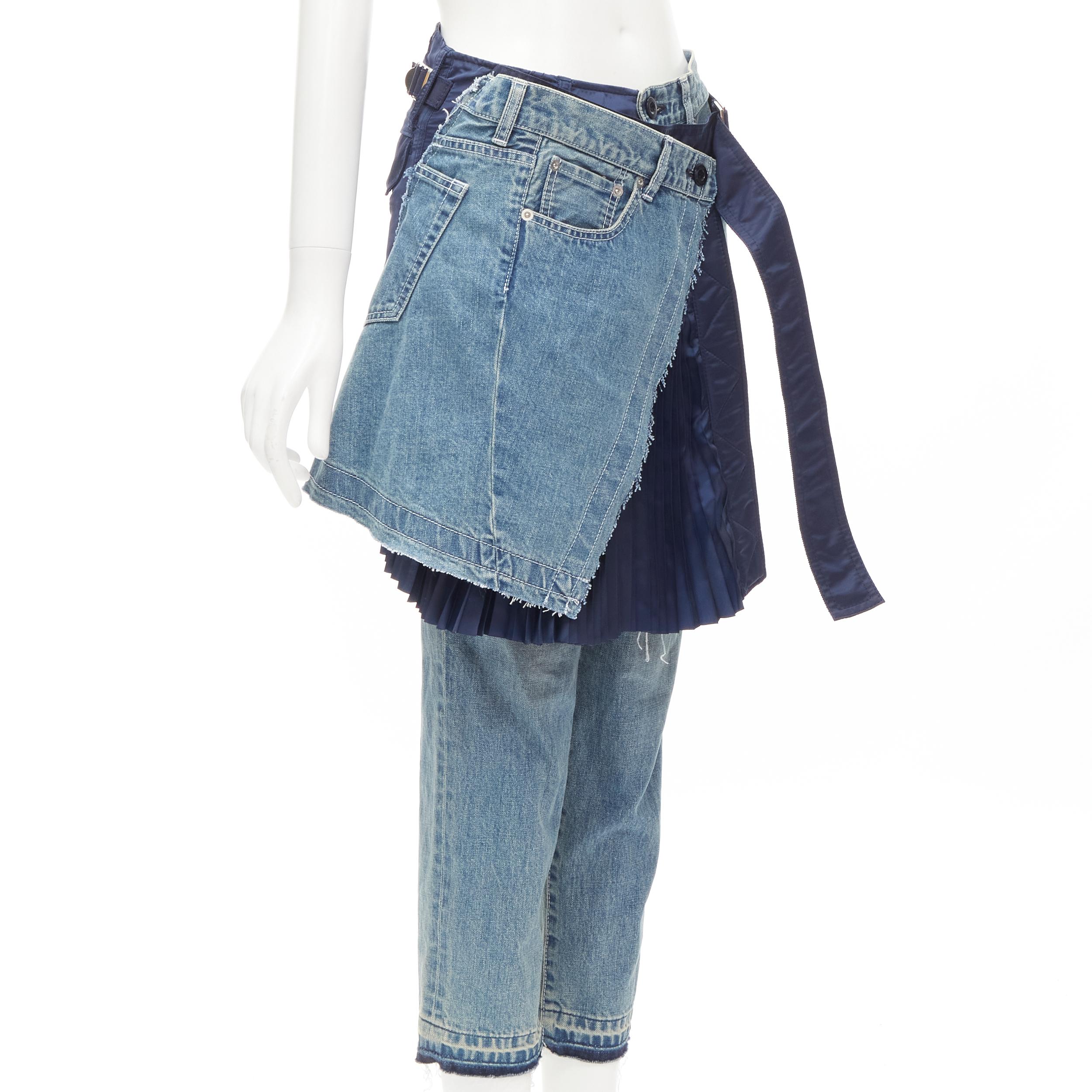 Gray SACAI deconstructed denim pleated wrap skirt layered ripped jeans XS