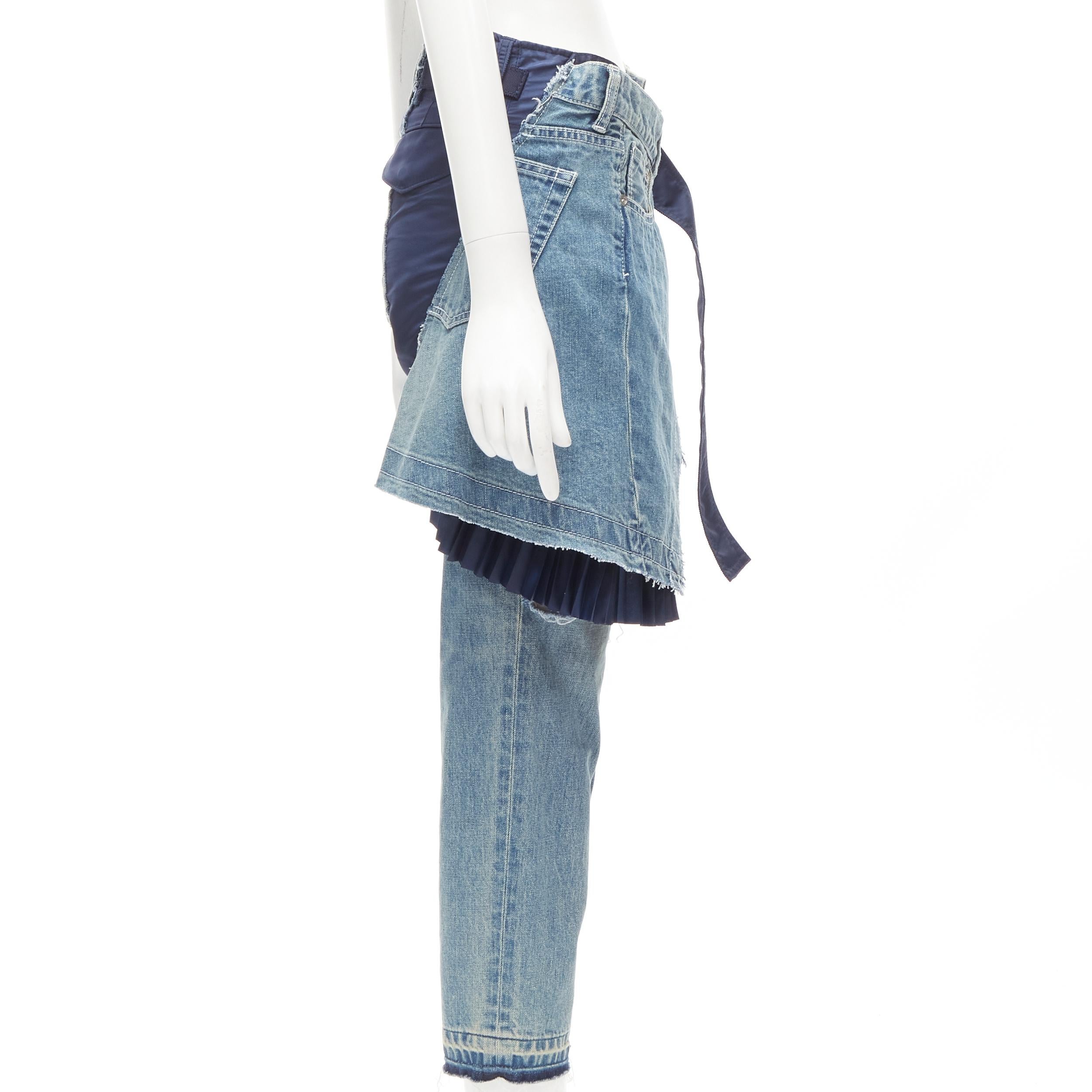 SACAI deconstructed denim pleated wrap skirt layered ripped jeans XS In Excellent Condition For Sale In Hong Kong, NT