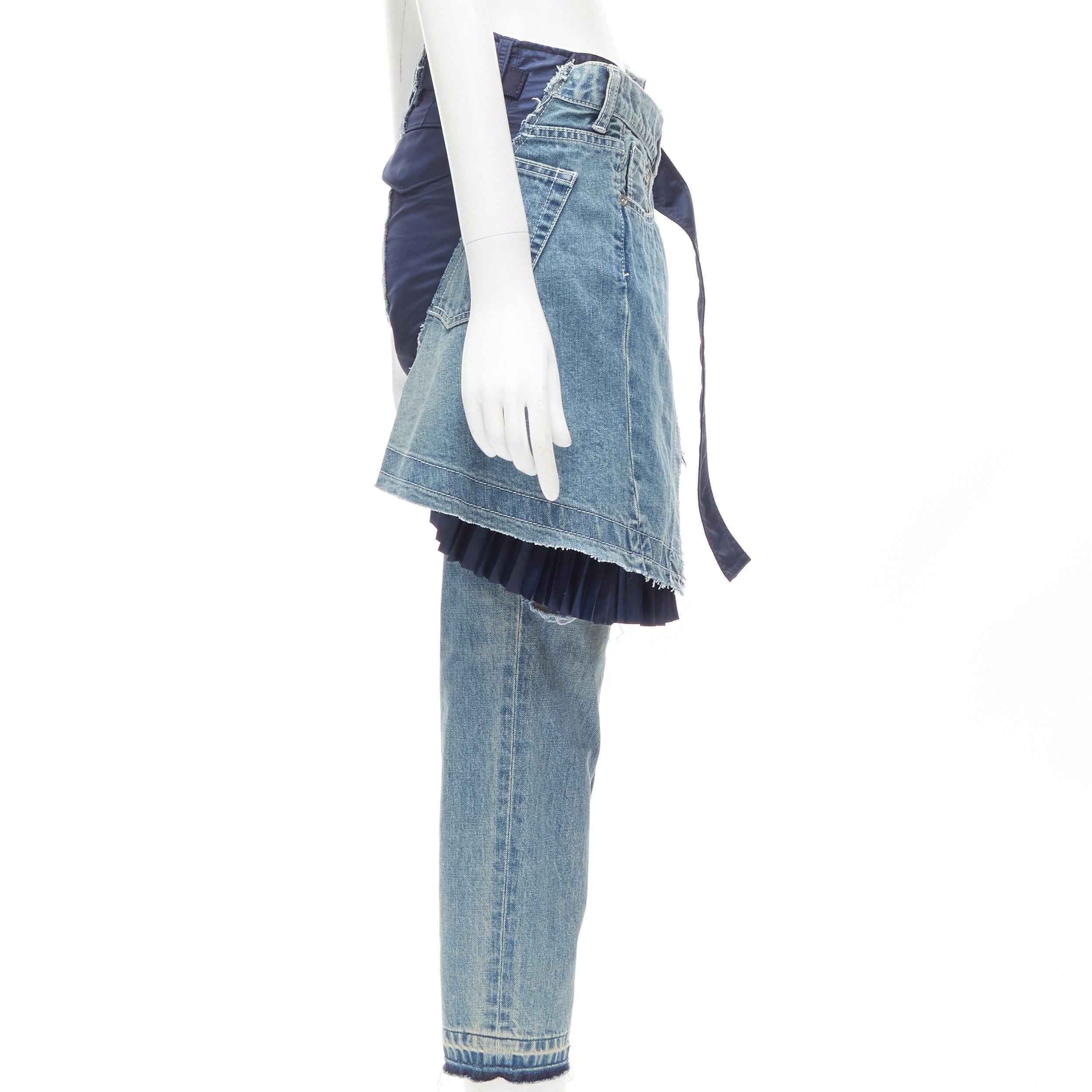 SACAI deconstructed denim pleated wrap skirt layered ripped jeans XS In Excellent Condition In Hong Kong, NT