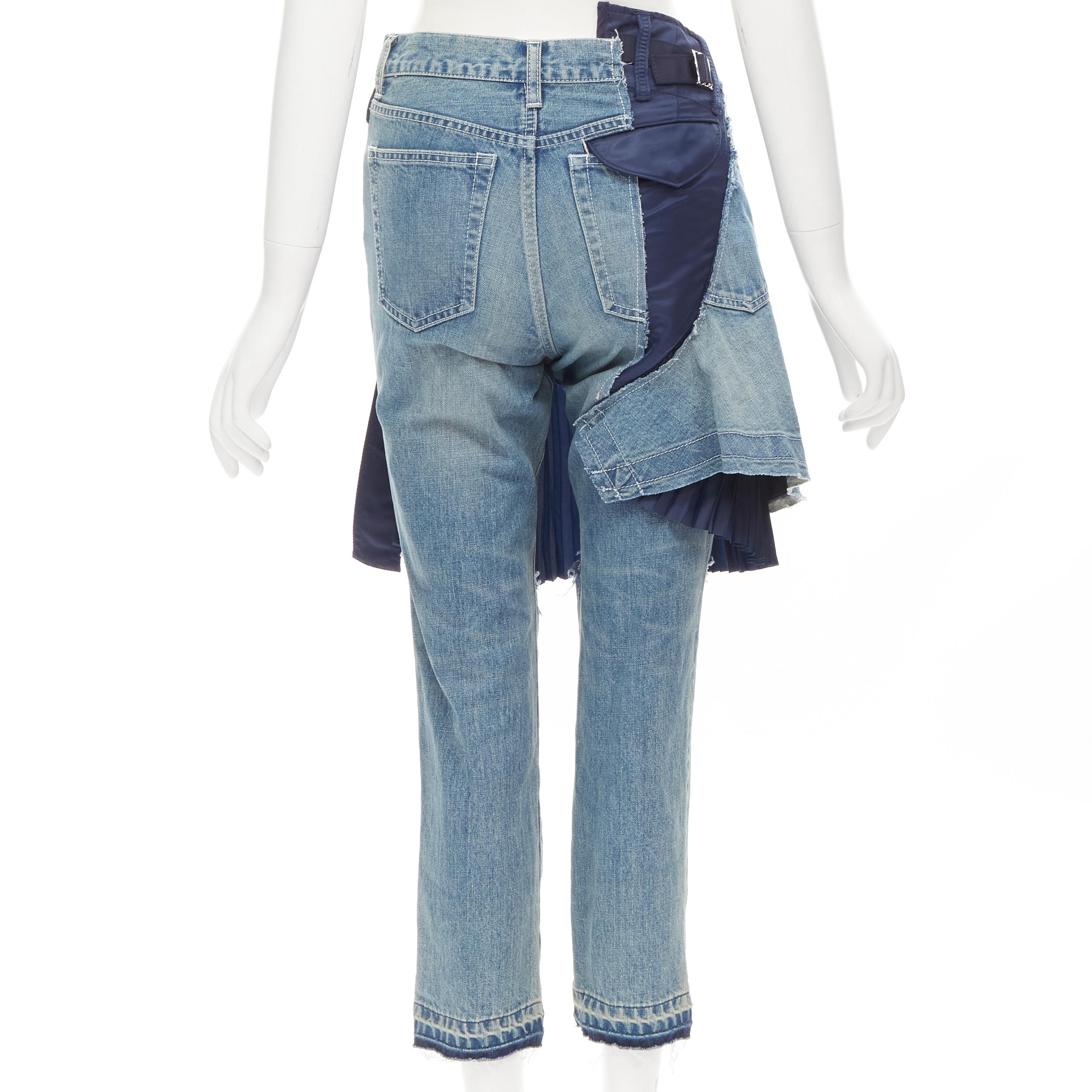 Women's SACAI deconstructed denim pleated wrap skirt layered ripped jeans XS