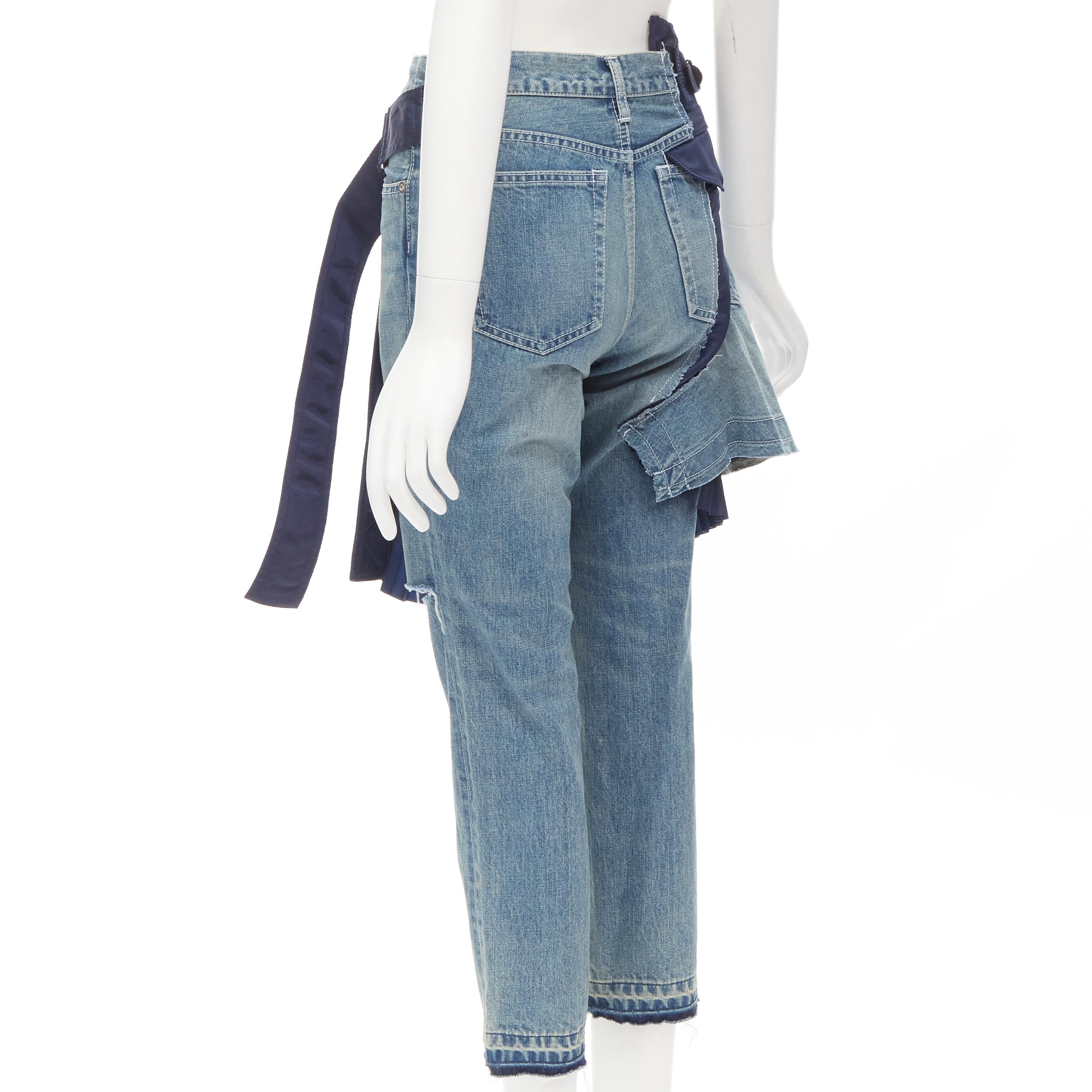SACAI deconstructed denim pleated wrap skirt layered ripped jeans XS 2