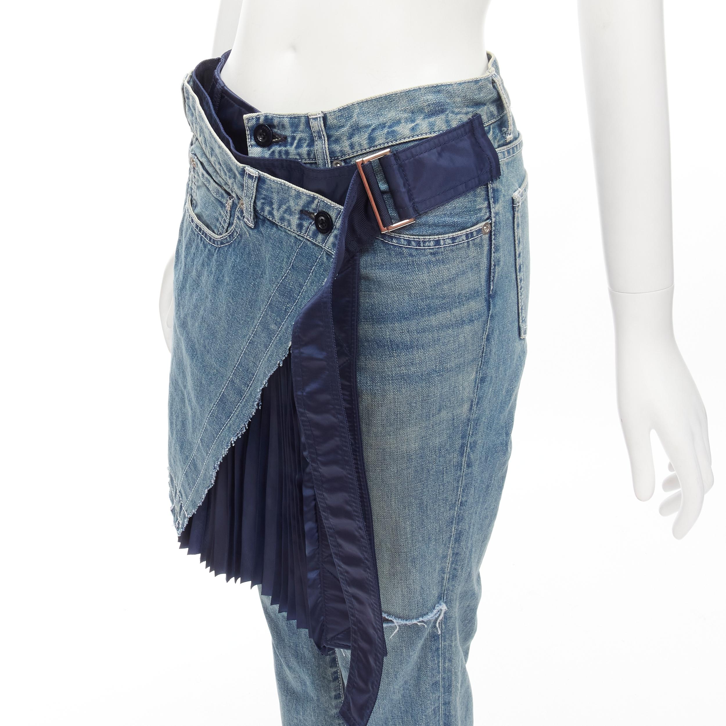 SACAI deconstructed denim pleated wrap skirt layered ripped jeans XS 2