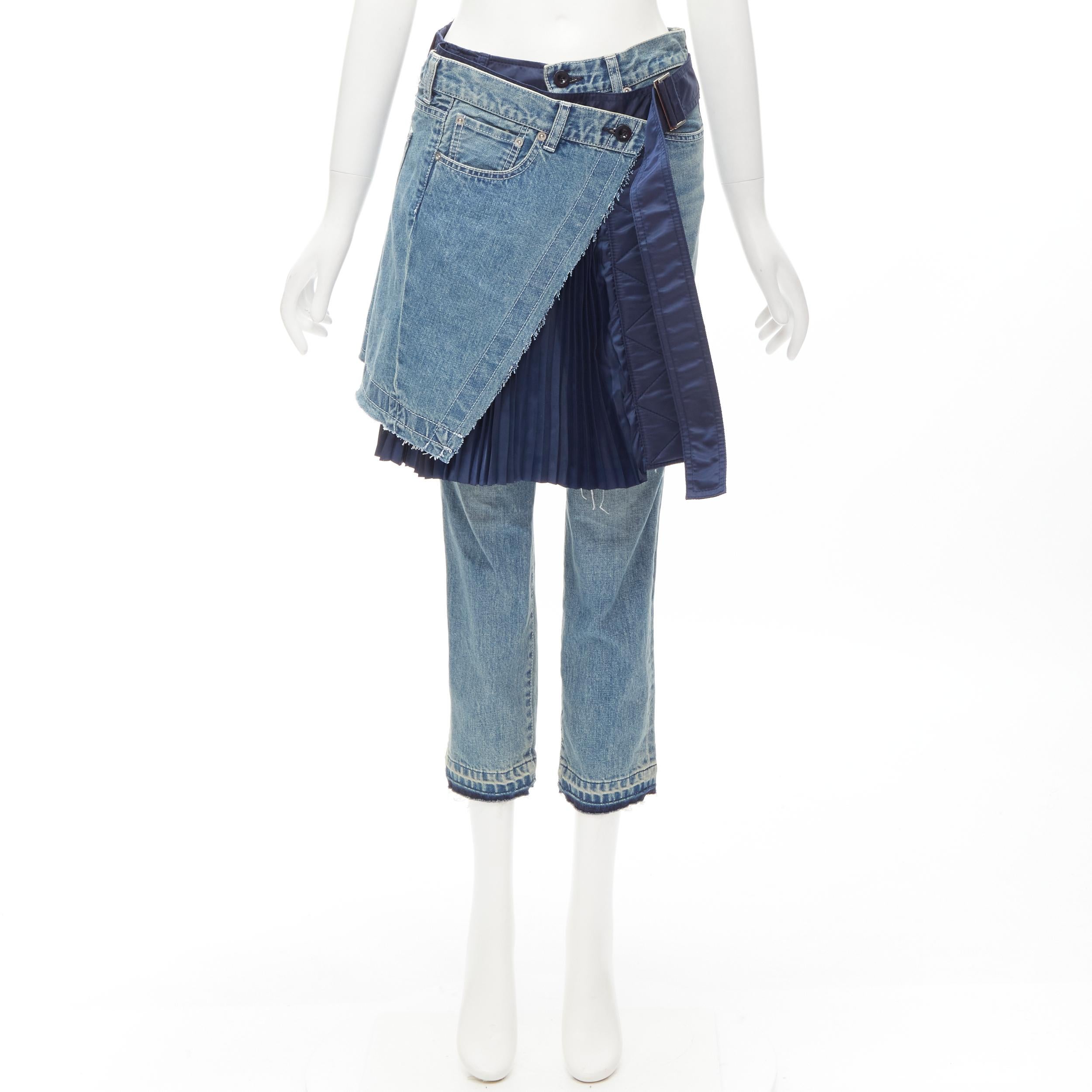 SACAI deconstructed denim pleated wrap skirt layered ripped jeans XS 4