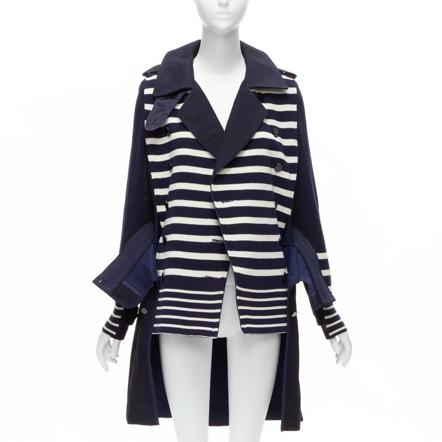 Black SACAI deconstructed nautical stripe detached corset belt flare coat JP3 L For Sale