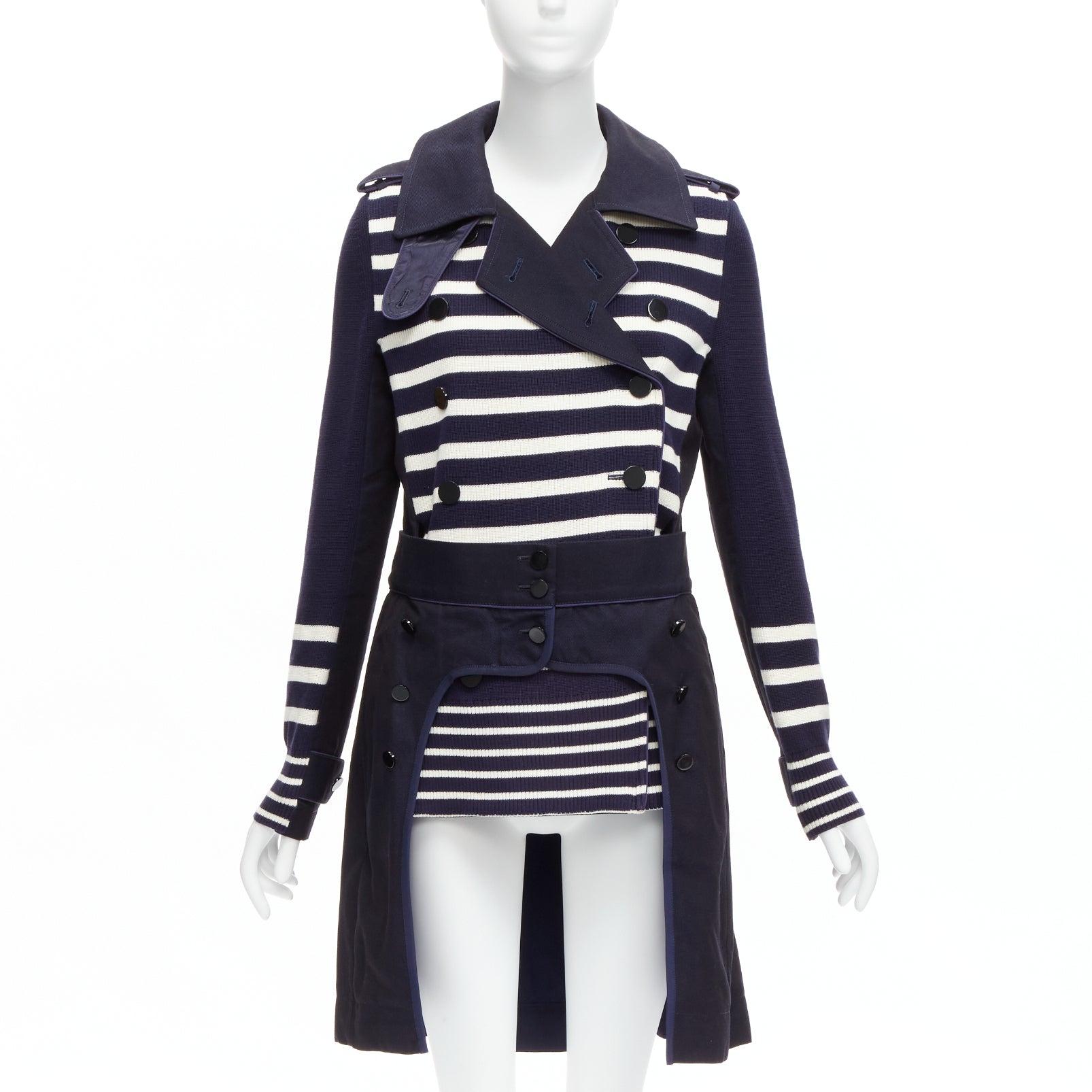 Black SACAI deconstructed nautical stripe detached corset belt flare coat JP3 L For Sale