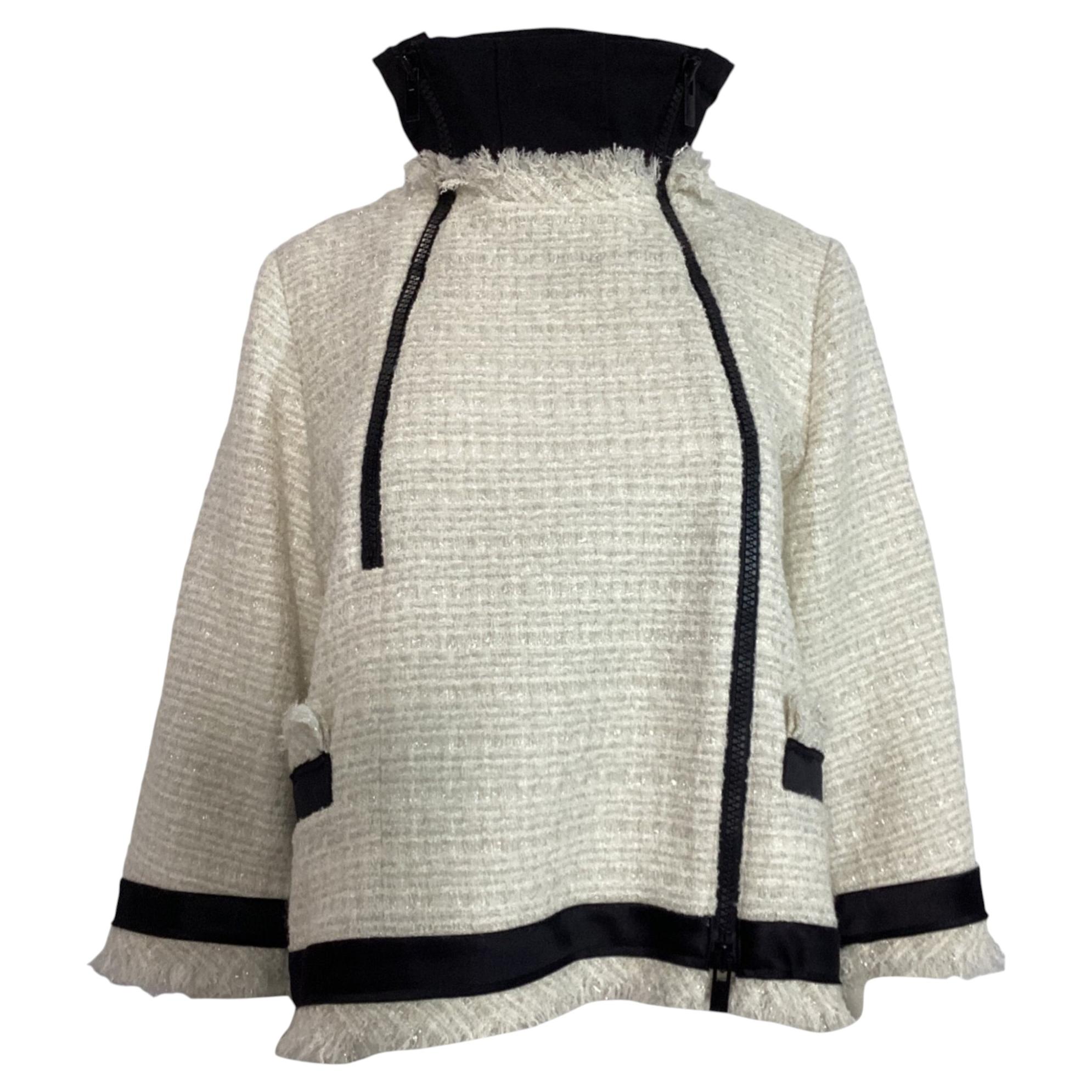 Chaqueta de tweed de Sacai con doble cremallera, de lana blanca en venta