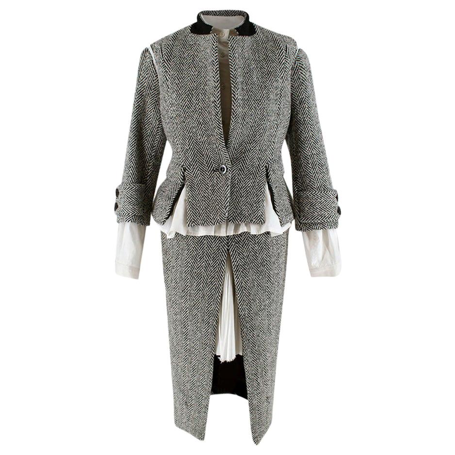 Sacai Grey Wool Chevron Tweed Layered Jacket & Skirt - Size Medium - 2 For Sale