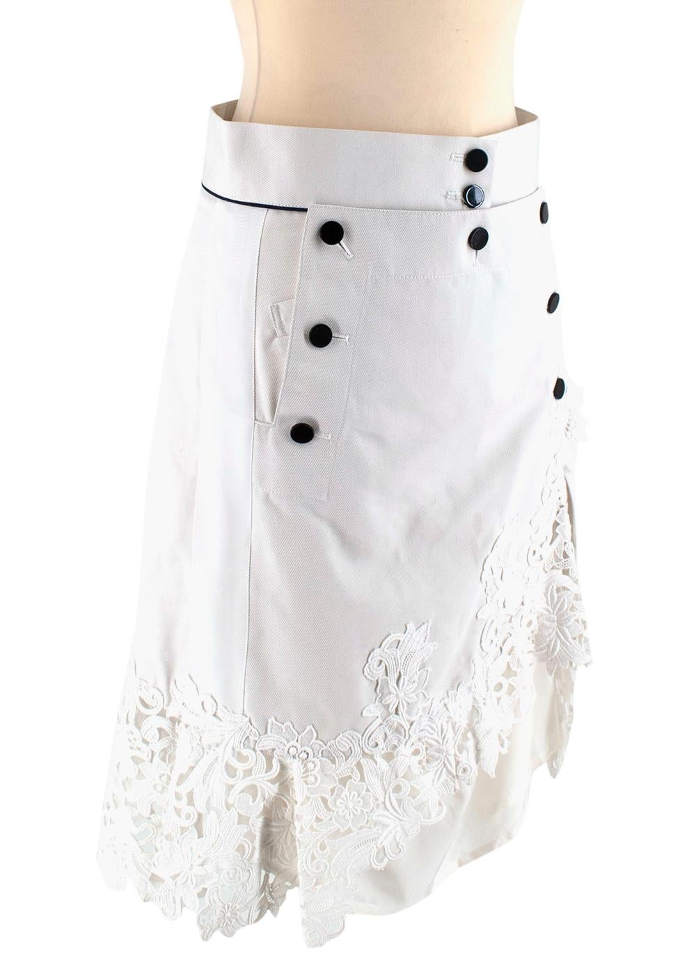 Sacai Guipure lace-trimmed cotton and silk-blend skirt

- Lace detailing at the bottom of the skirt with black shiny buttons
- Pinstripe textured cotton
- White ribbed ribbon on the sides
- Navy hemlines on the sides
- Cross over effect button