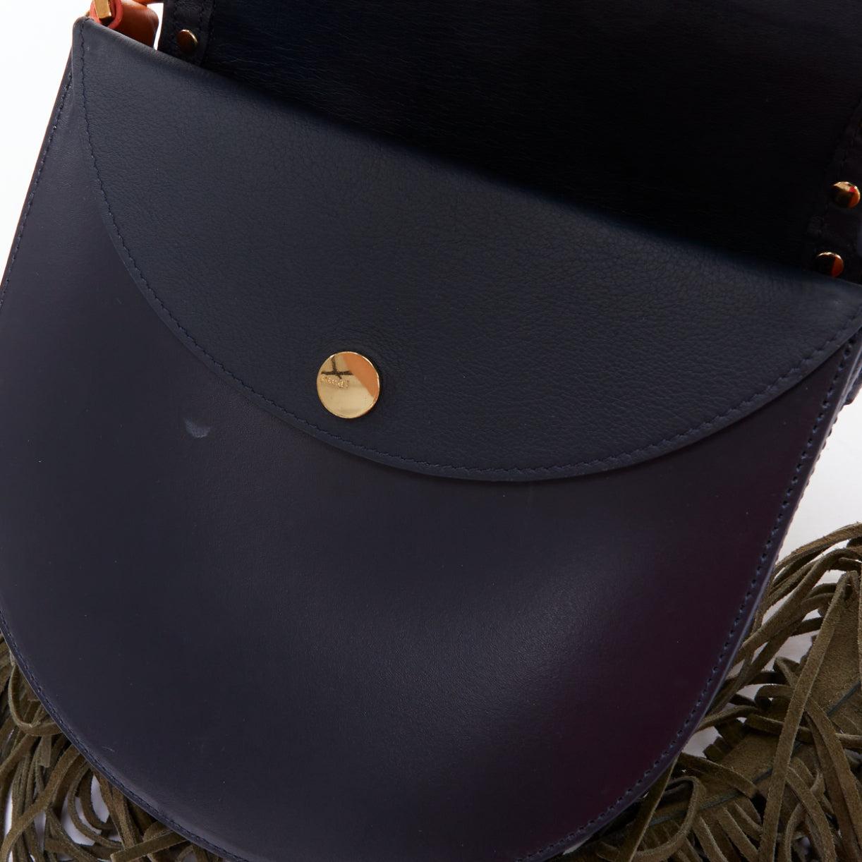 SACAI Horseshoe navy orange fringe leather colorblock saddle bag 5