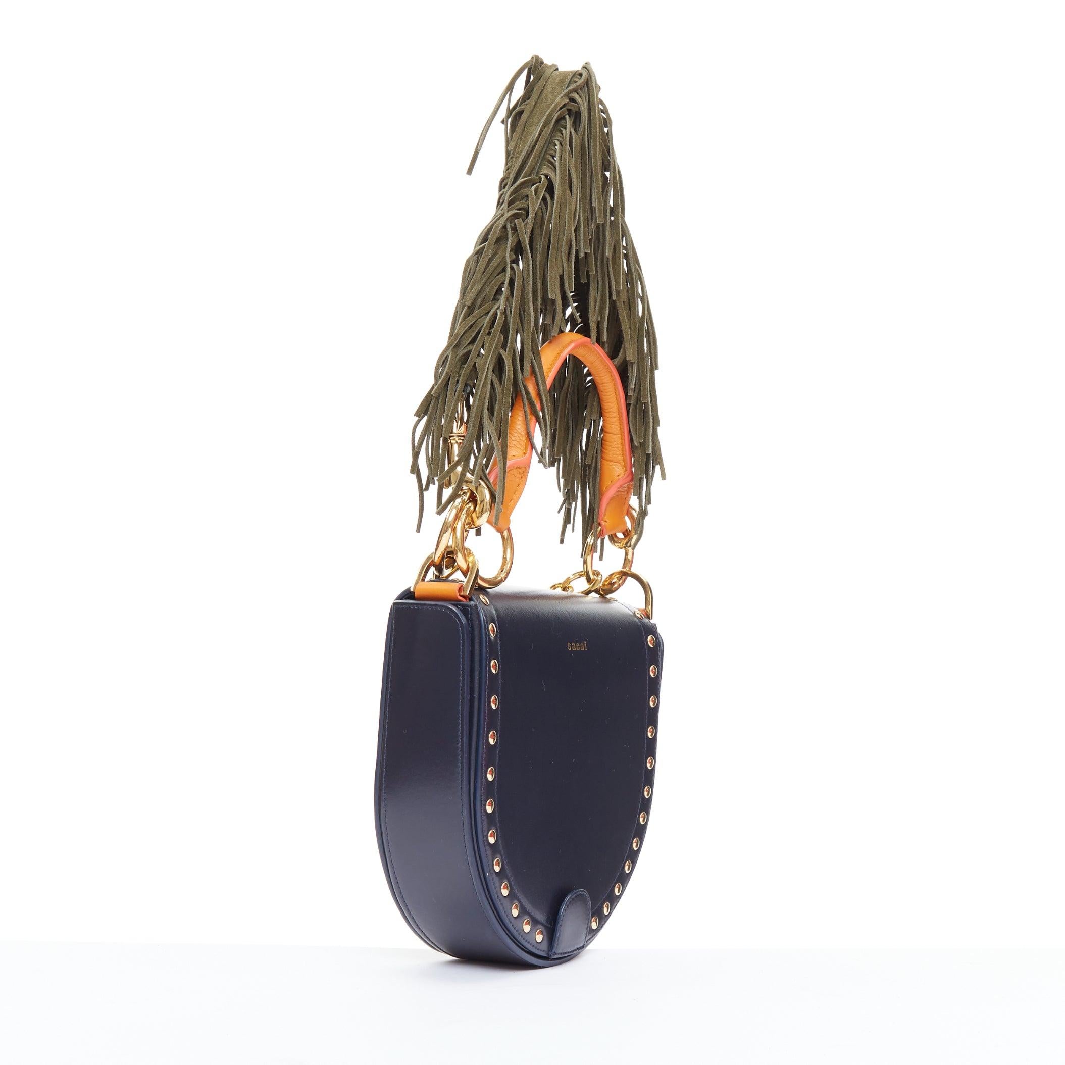 Gray SACAI Horseshoe navy orange fringe leather colorblock saddle bag