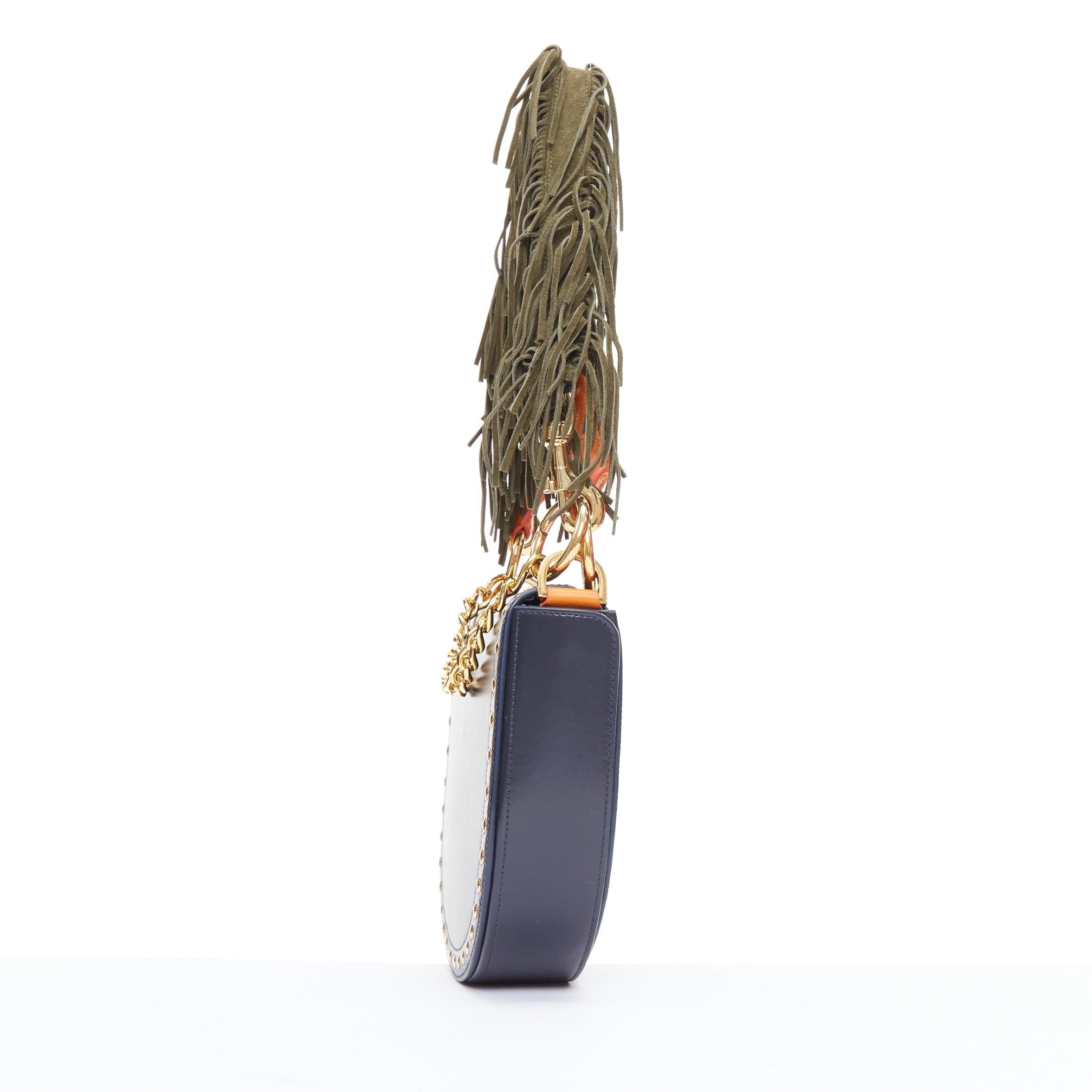 SACAI Horseshoe navy orange fringe leather colorblock saddle bag In Good Condition In Hong Kong, NT