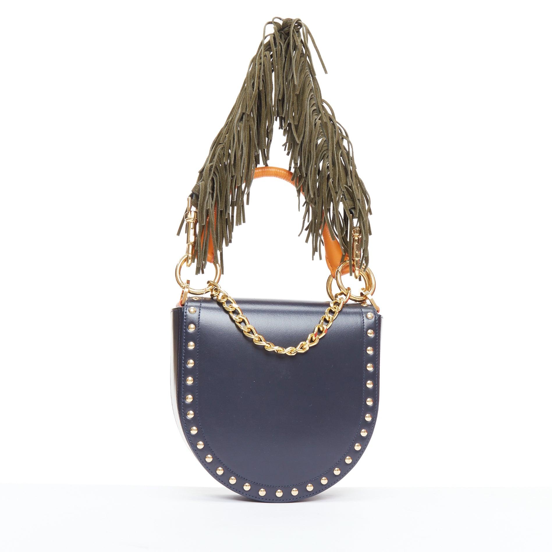 Women's SACAI Horseshoe navy orange fringe leather colorblock saddle bag