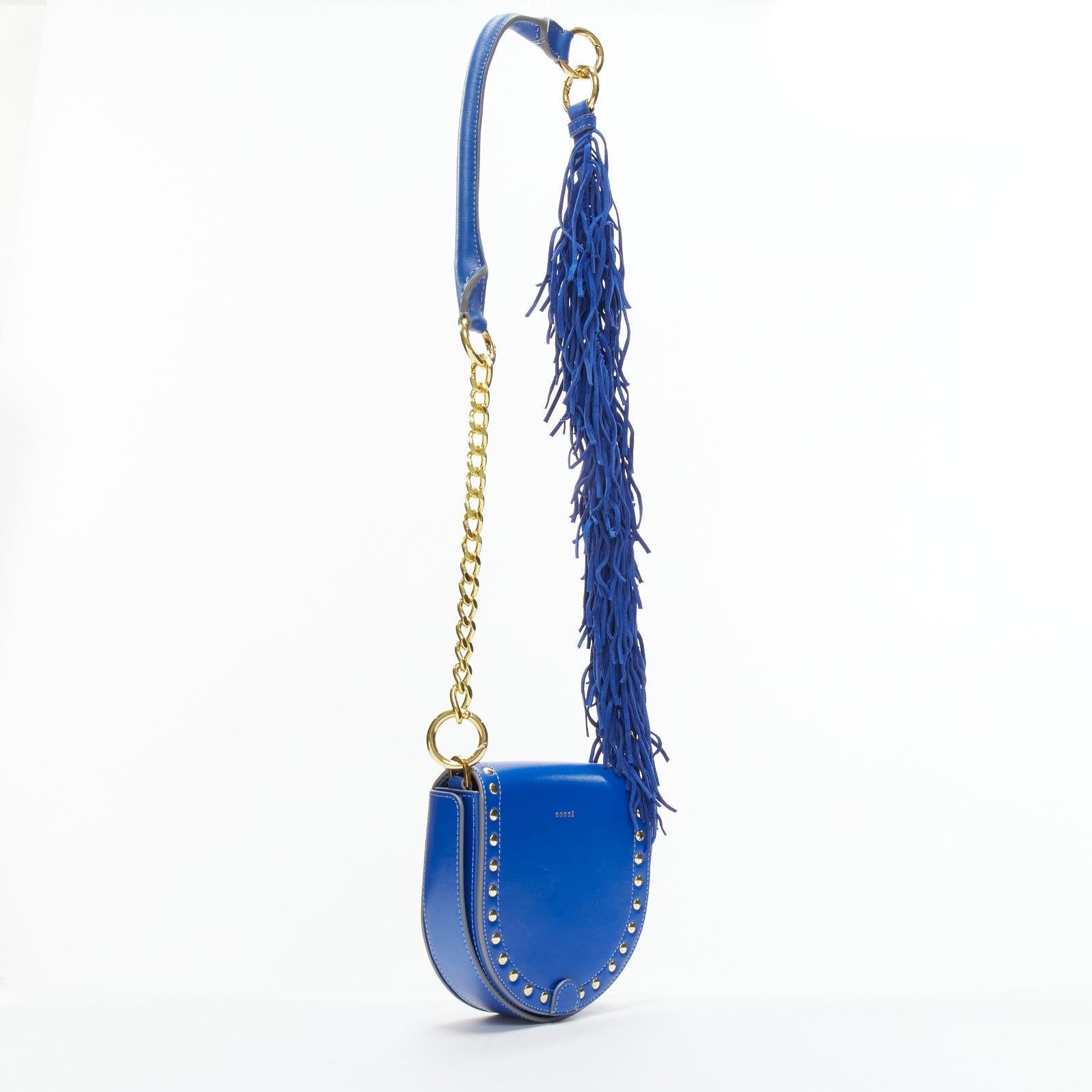 SACAI Horseshow cobalt blue leather suede fringe studs crossbody bag In Good Condition For Sale In Hong Kong, NT