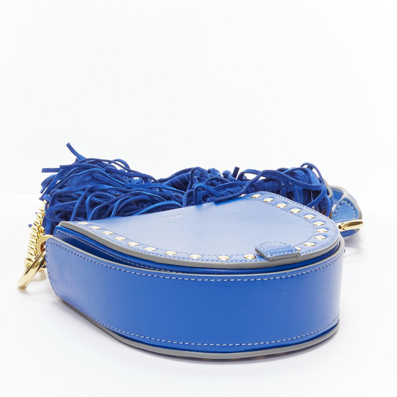 SACAI Horseshow cobalt blue leather suede fringe studs crossbody bag For Sale 2