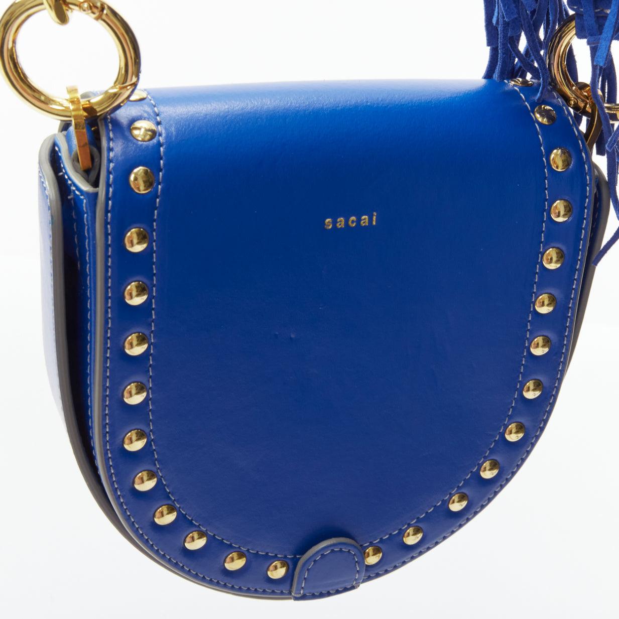 SACAI Horseshow cobalt blue leather suede fringe studs crossbody bag For Sale 4