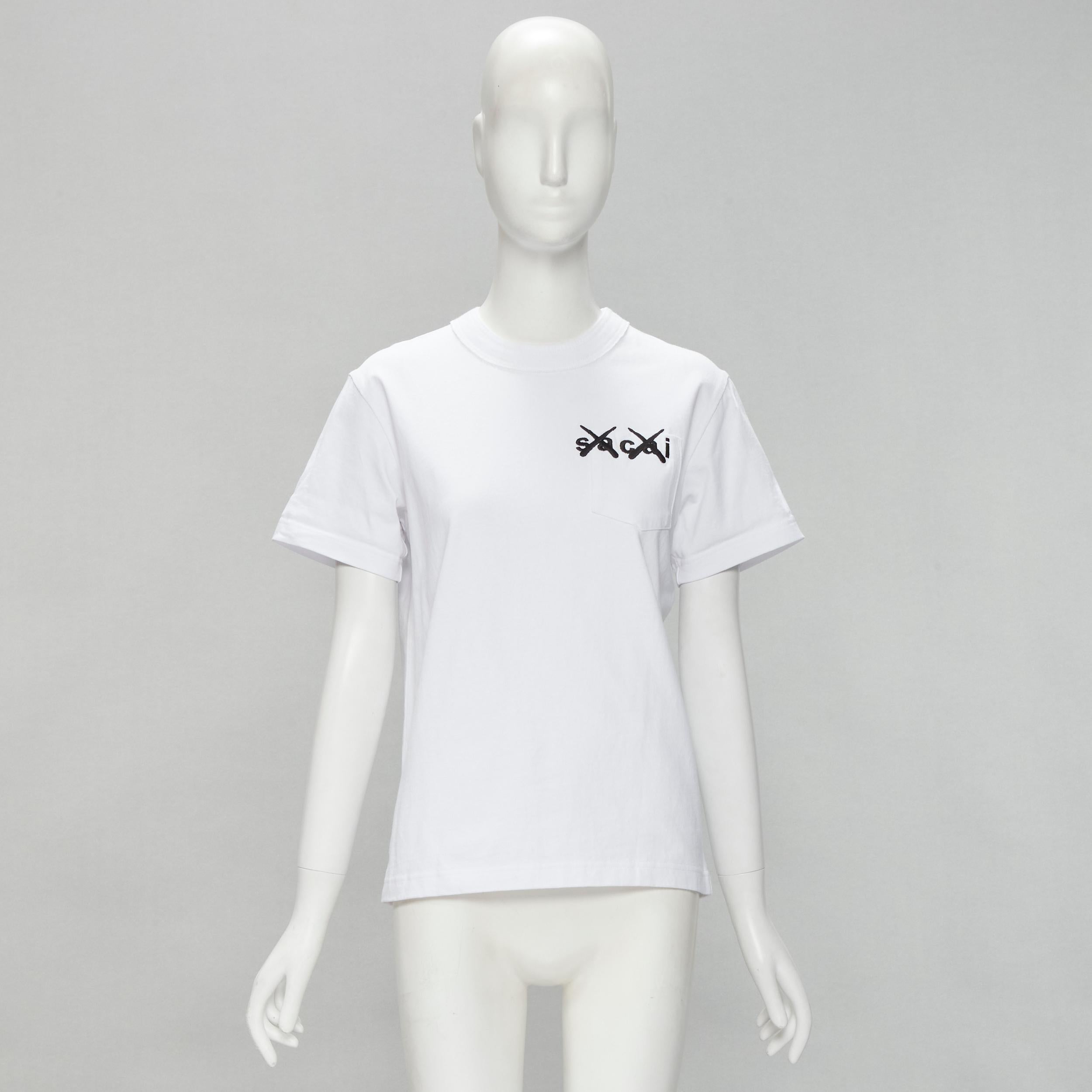SACAI KAWS XX logo embroidery pocket white cotton boxy tshirt JP0 XS For Sale 2