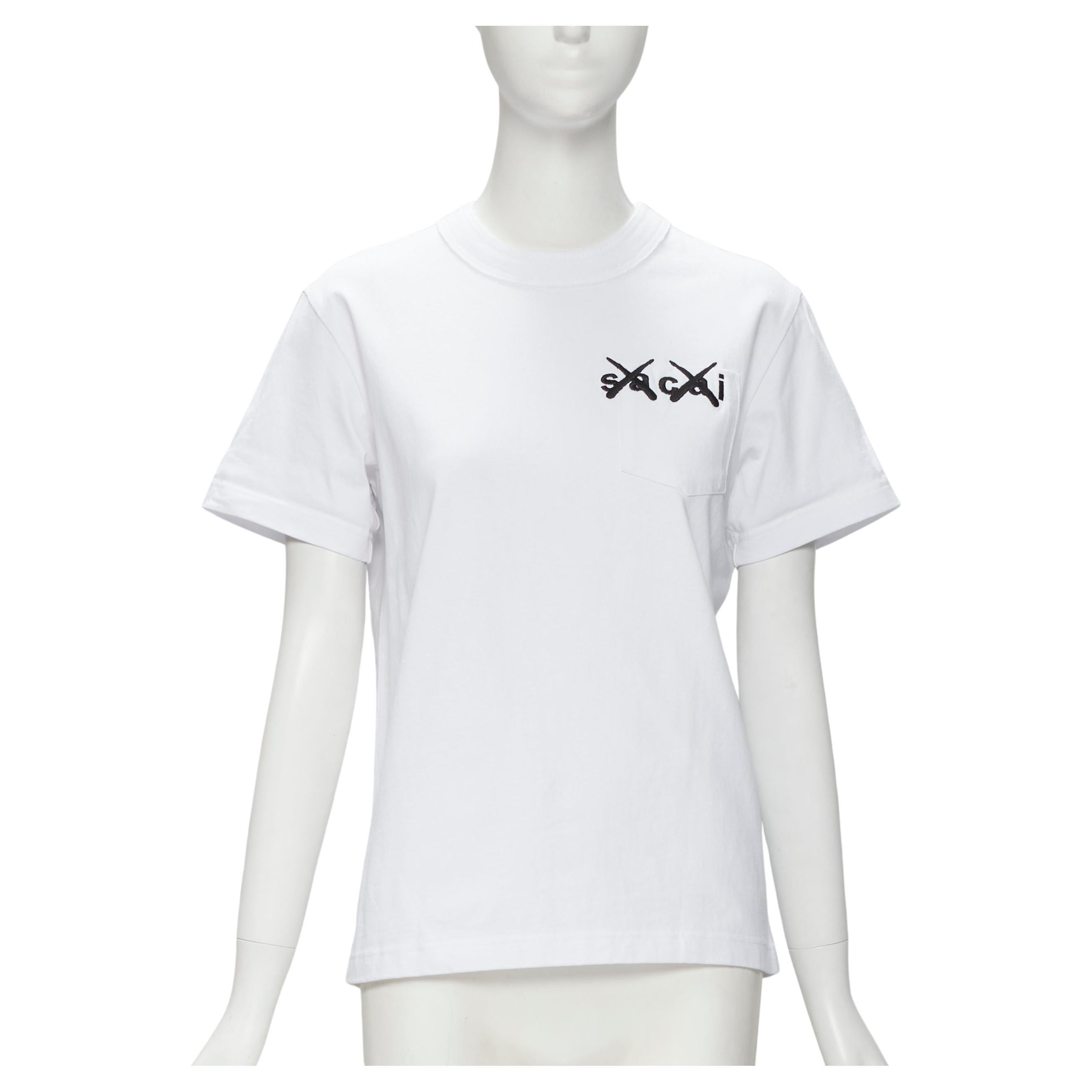 SACAI KAWS XX logo embroidery pocket white cotton boxy tshirt JP0 XS For Sale