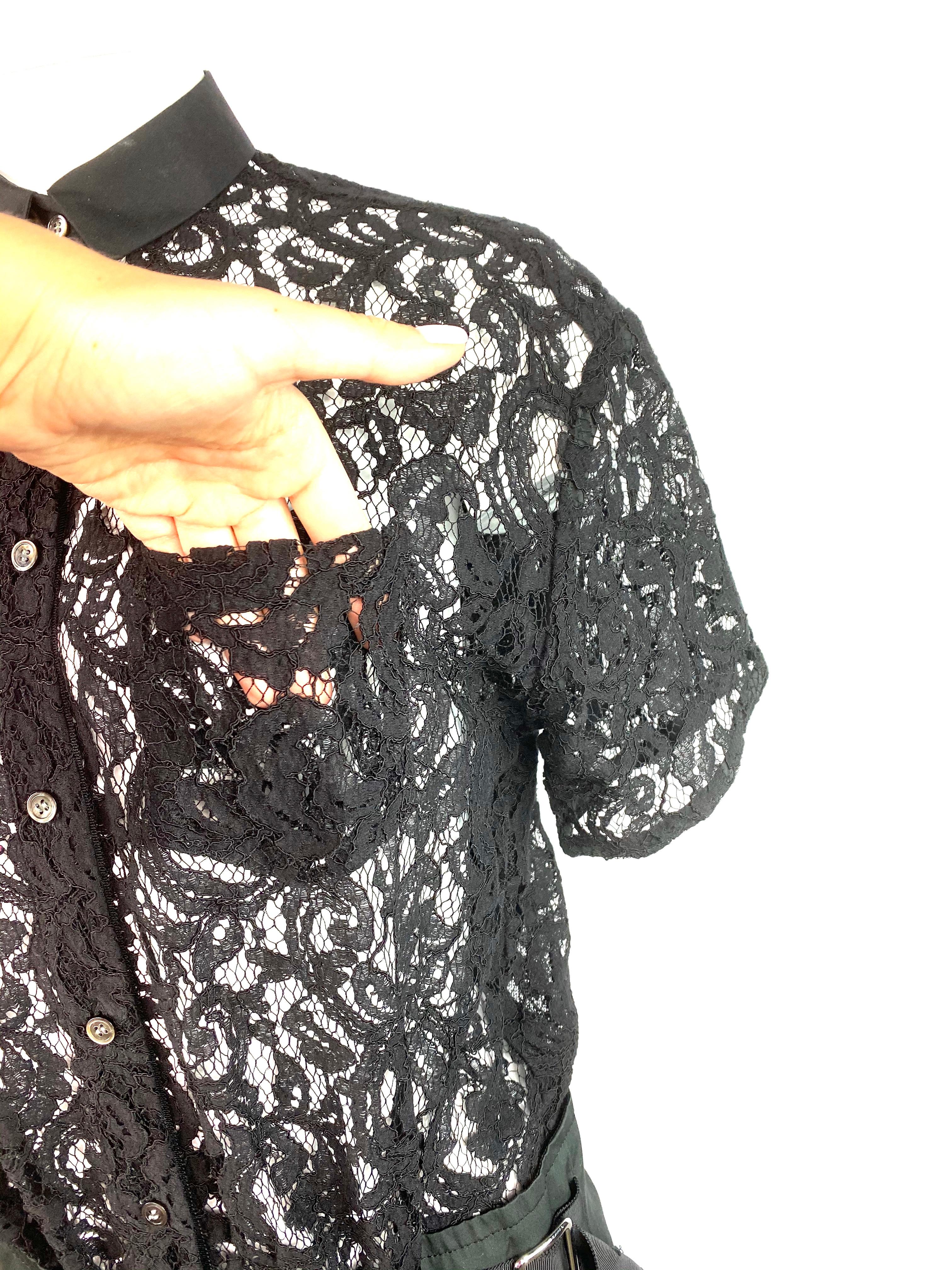 Sacai Luck Black Floral Lace Button- Down Shirt Wrap Mini Dress Size 3 For Sale 3