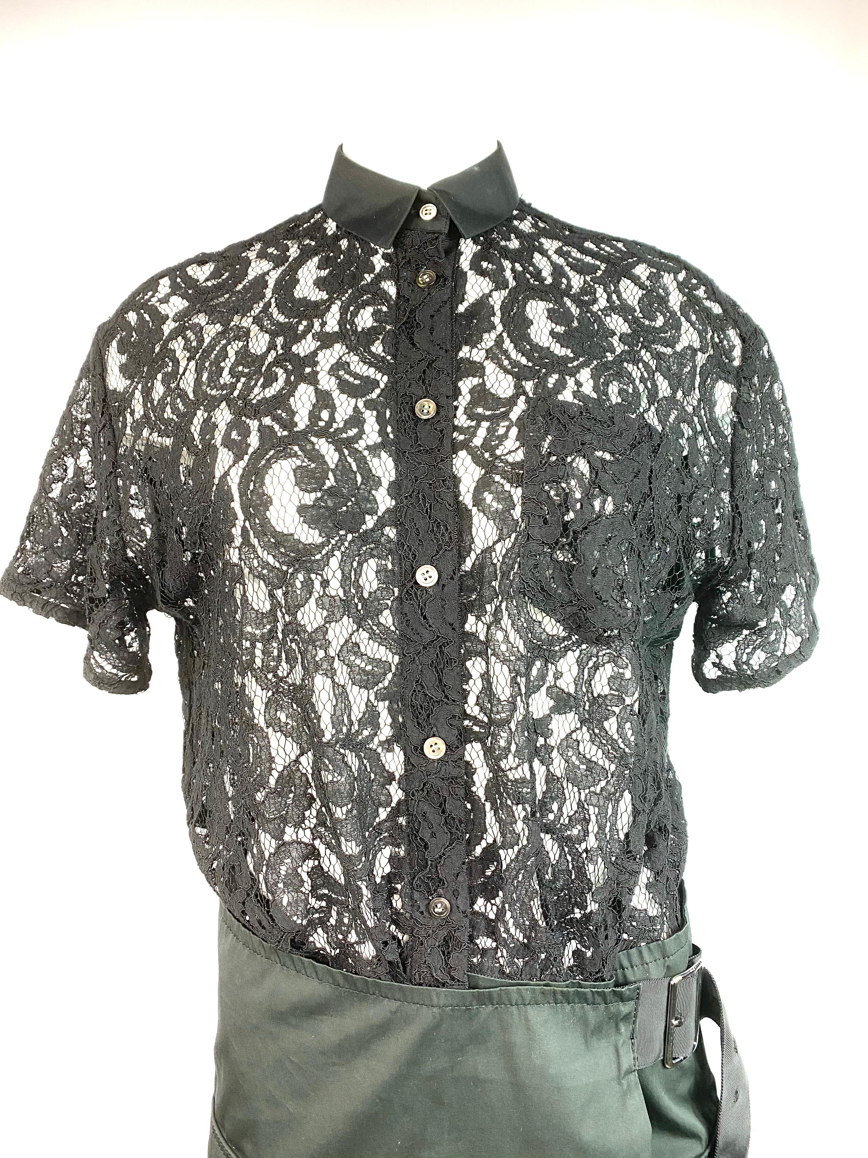 Sacai Luck Black Floral Lace Button- Down Shirt Wrap Mini Dress Size 3

Product details:
Size 3
Button- down top with collar and side pocket detail
Short sleeves
Featuring adjustable belt detail
Waist measures from 30” to 40”
Hips measure from 36”