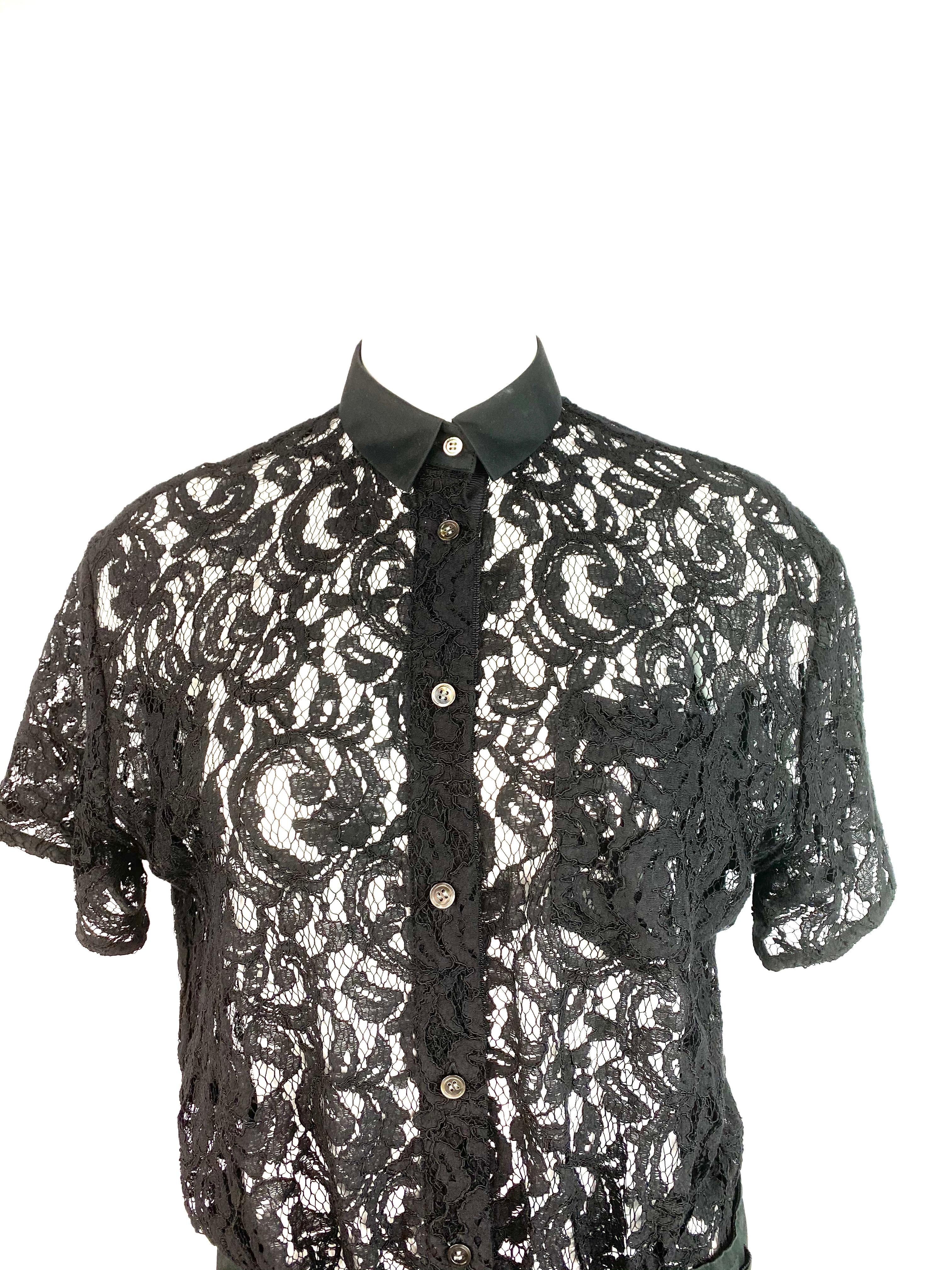 Sacai Luck Black Floral Lace Button- Down Shirt Wrap Mini Dress Size 3 For Sale 1