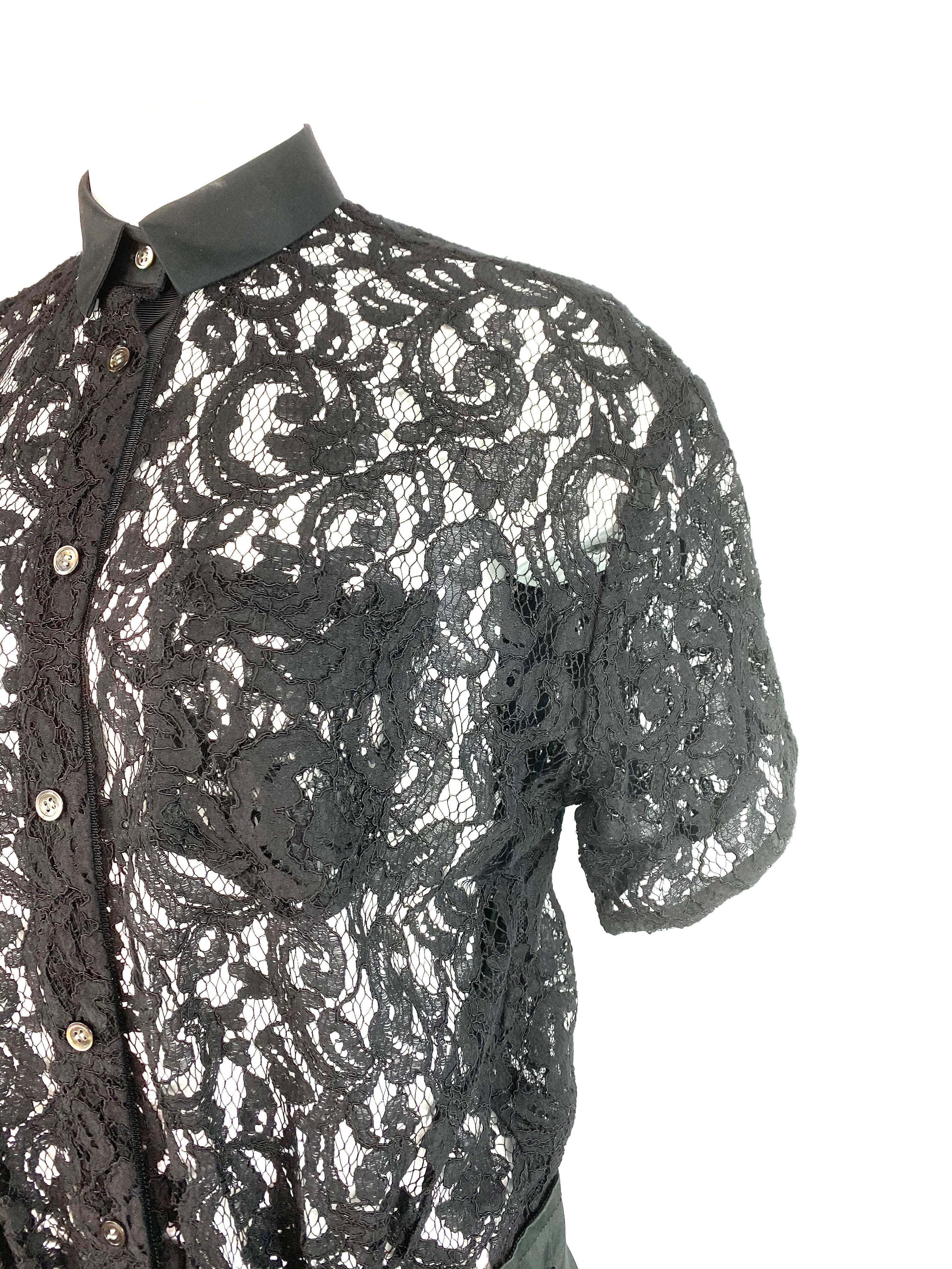 Sacai Luck Black Floral Lace Button- Down Shirt Wrap Mini Dress Size 3 For Sale 2