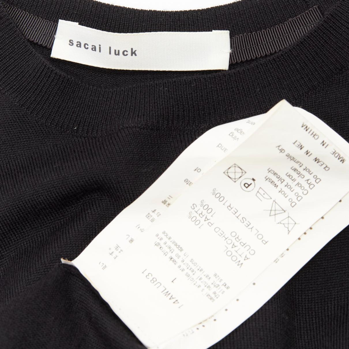 SACAI LUCK black wool inverted pleat back satin flared sweater dress JP1 S For Sale 4