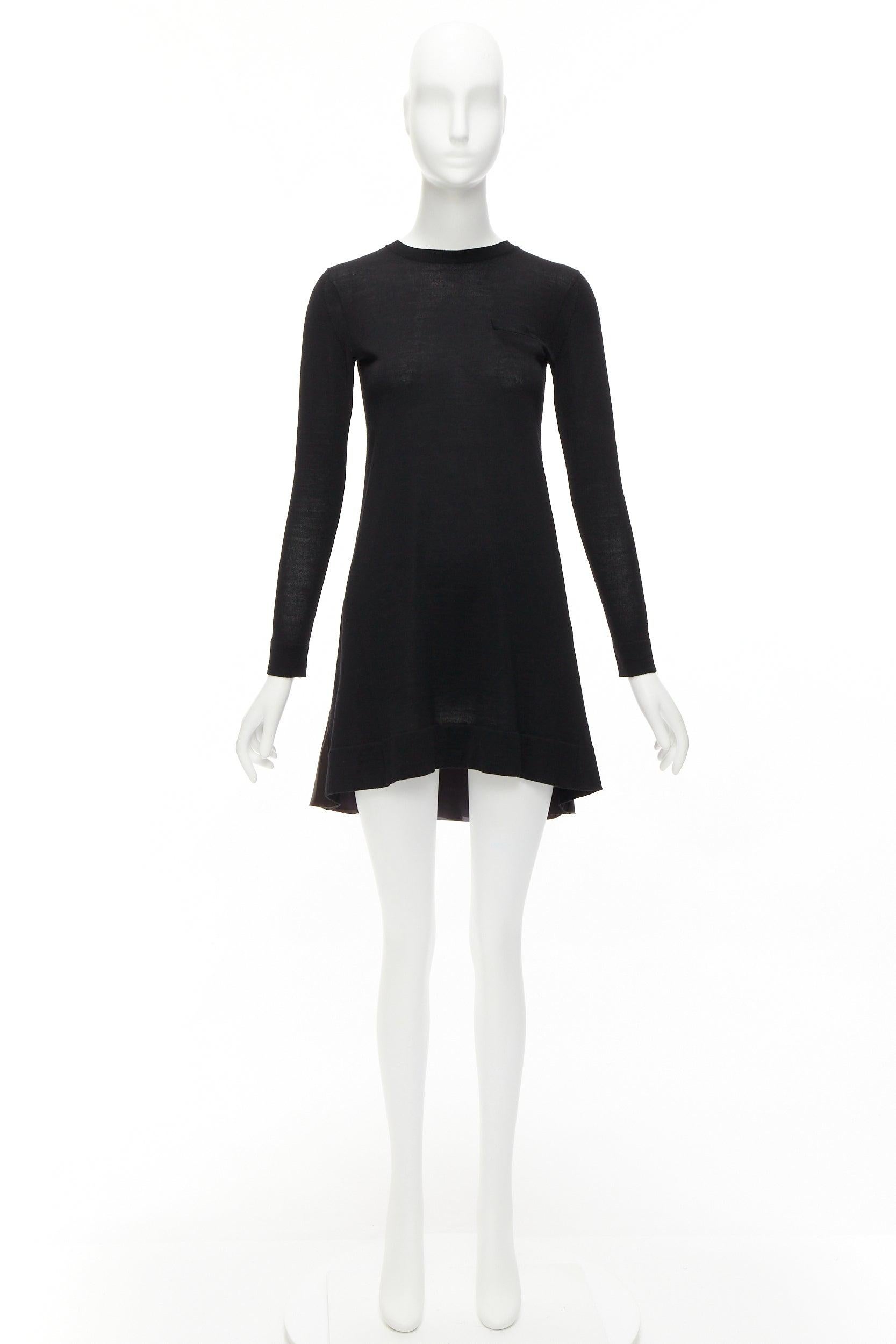 SACAI LUCK black wool inverted pleat back satin flared sweater dress JP1 S For Sale 5