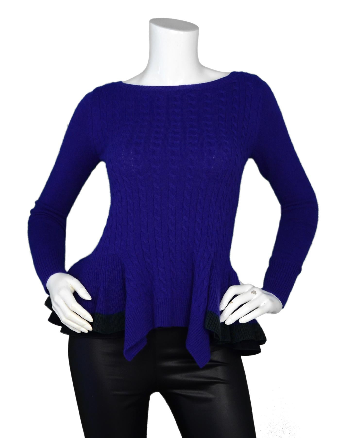 Sacai Luck Blue Cable Knit Peplum Sweater Sz 1/US Small

Made In: Japan
Color: Blue, green
Materials: 40% rayon, 20% wool, 20% angora, 20% nylon, attached parts- 90% wool, 10% nylon 
Opening/Closure: Pull over
Overall Condition: Excellent pre-owned